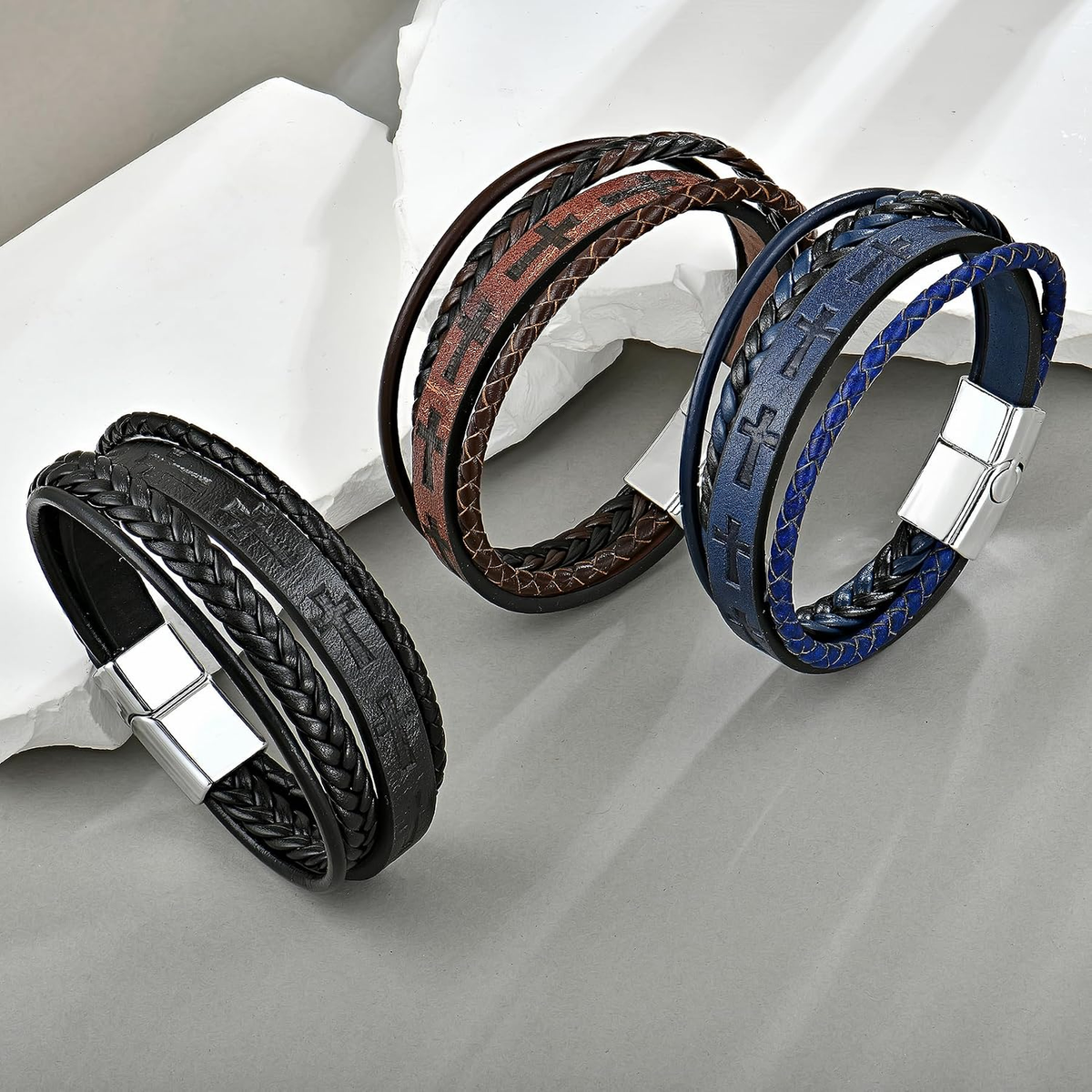 ✝ Men's Leather Cross Bracelet Multi-Layer Braided Christian Faith Religious Wristband Stainless Steel Buckle Jewelry Gift for Dad