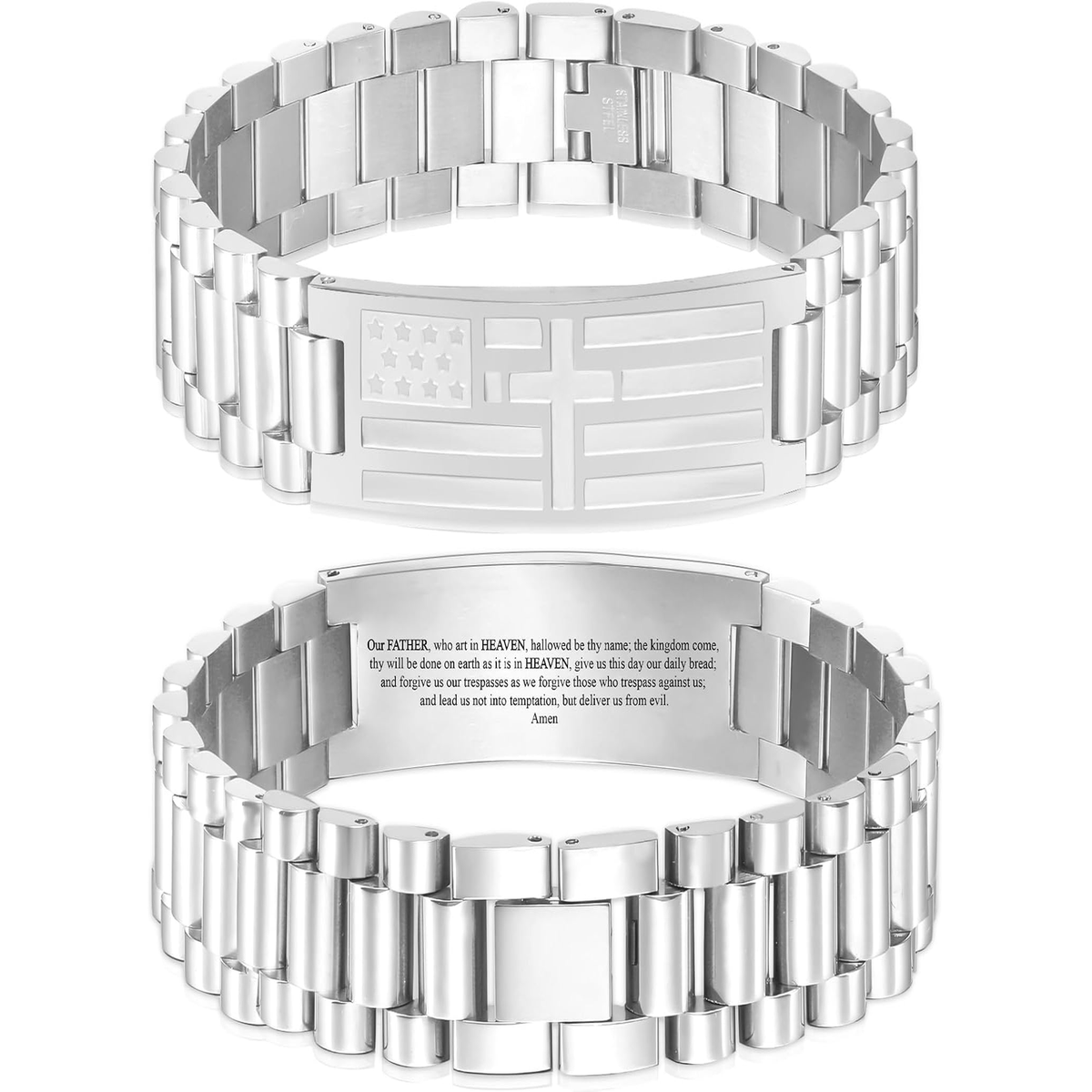 ✝ Men's American Flag Cross Bracelet Stainless Steel Adjustable Christian Bible Verse Faith Religious Jewelry Gift for Dad Husband