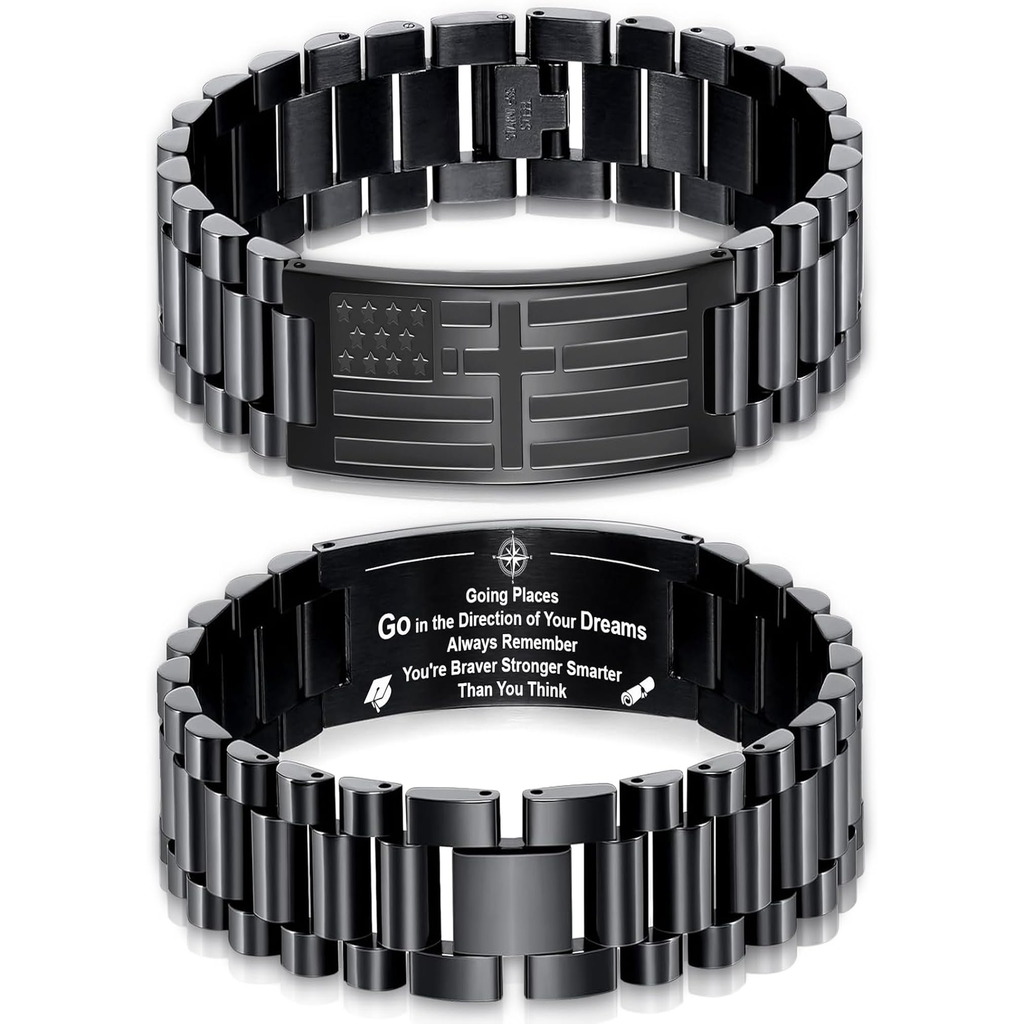 ✝ Men's American Flag Cross Bracelet Stainless Steel Adjustable Christian Bible Verse Faith Religious Jewelry Gift for Dad Husband