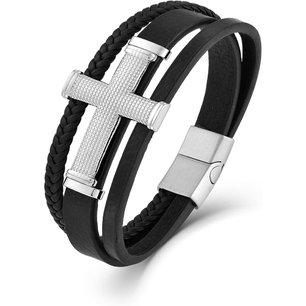 ✝ Men's Christian Cross Leather Bracelet Multi-Layer Braided Black Stainless Steel Faith Inspirational Religious Jewelry Gift for Dad