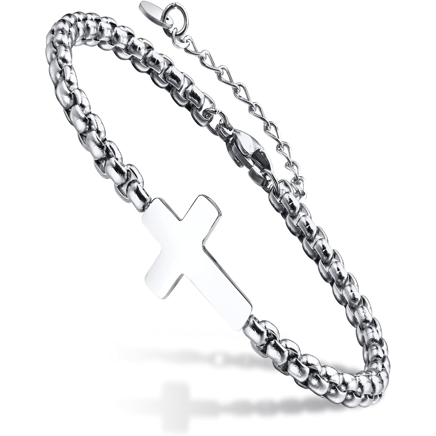 ✝ Men's Adjustable Cross Chain Bracelet Stainless Steel Christian Faith Religious Jewelry Gift for Men Women
