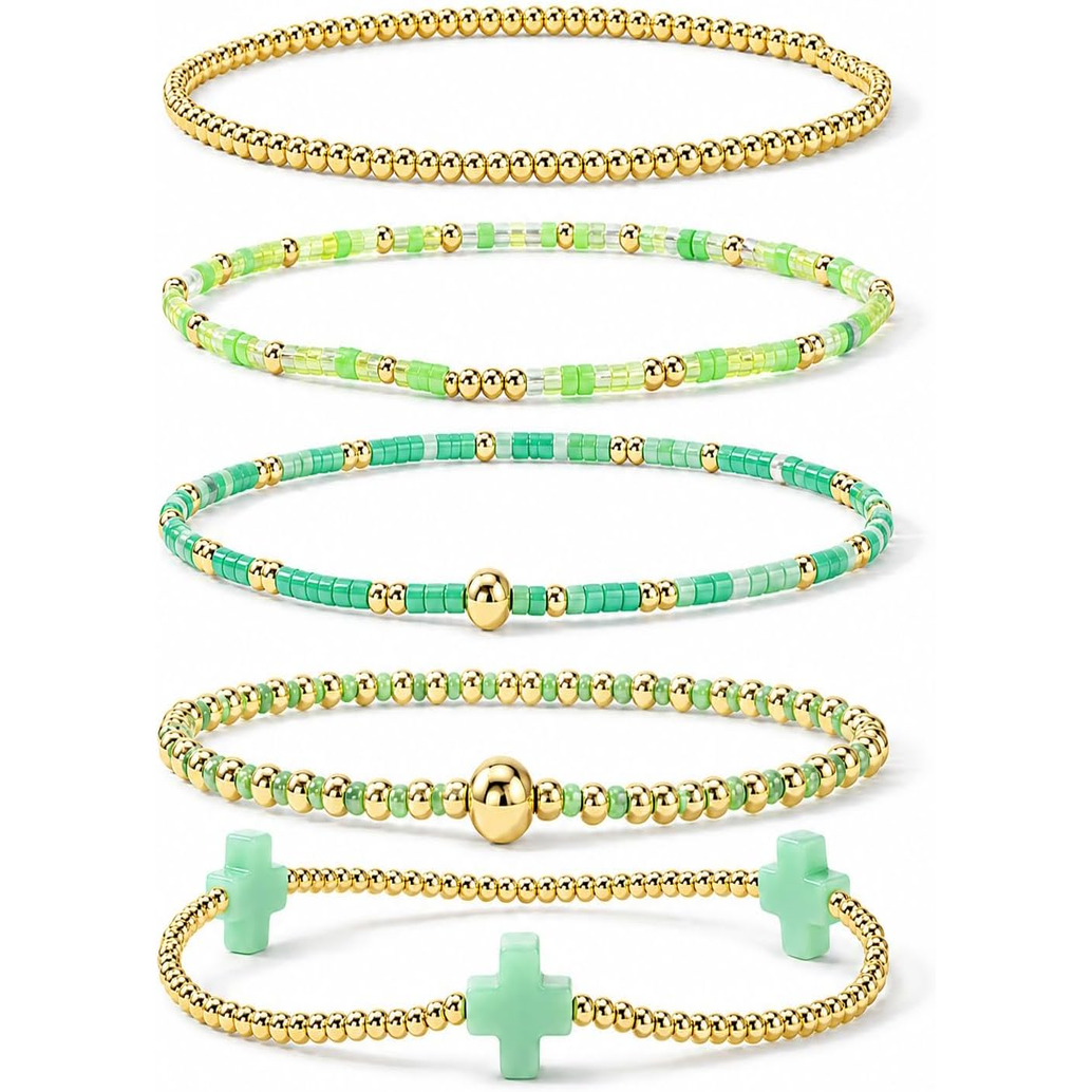 ✝ Women's Gold Beaded Cross Bracelet Stack Set Stretch Christian Faith Jewelry Gift for Women Teens