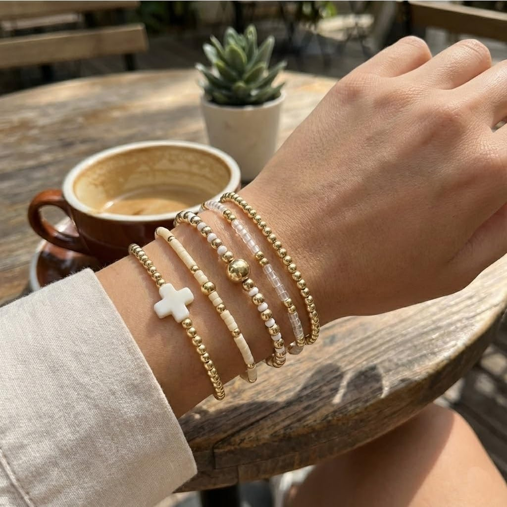 ✝ Women's Gold Beaded Cross Bracelet Stack Set Stretch Christian Faith Jewelry Gift for Women Teens