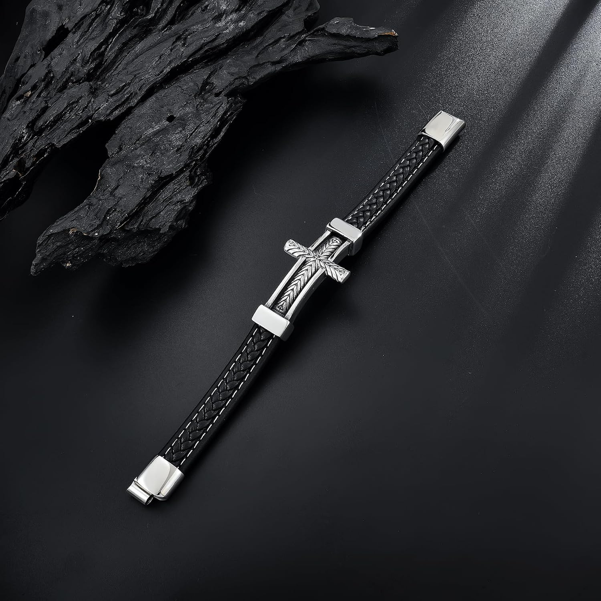 ✝ Men's Braided Leather Sideways Cross Bracelet 316L Stainless Steel Christian Faith Religious Jewelry Gift for Father Husband