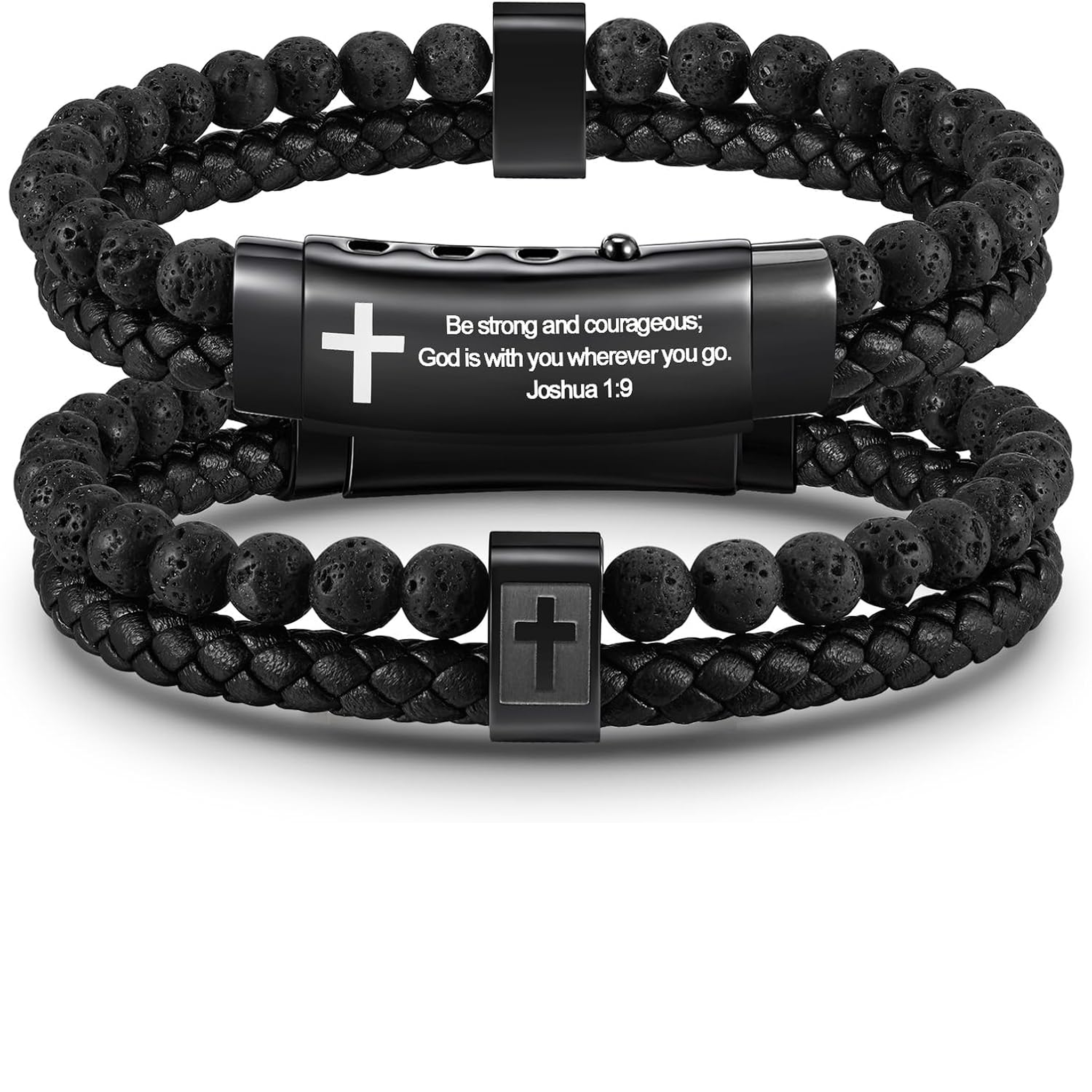 ✝ Men's Joshua 1:9 Cross Bracelet Braided Leather Tiger Eye Agate Beaded Christian Faith Jewelry Gift