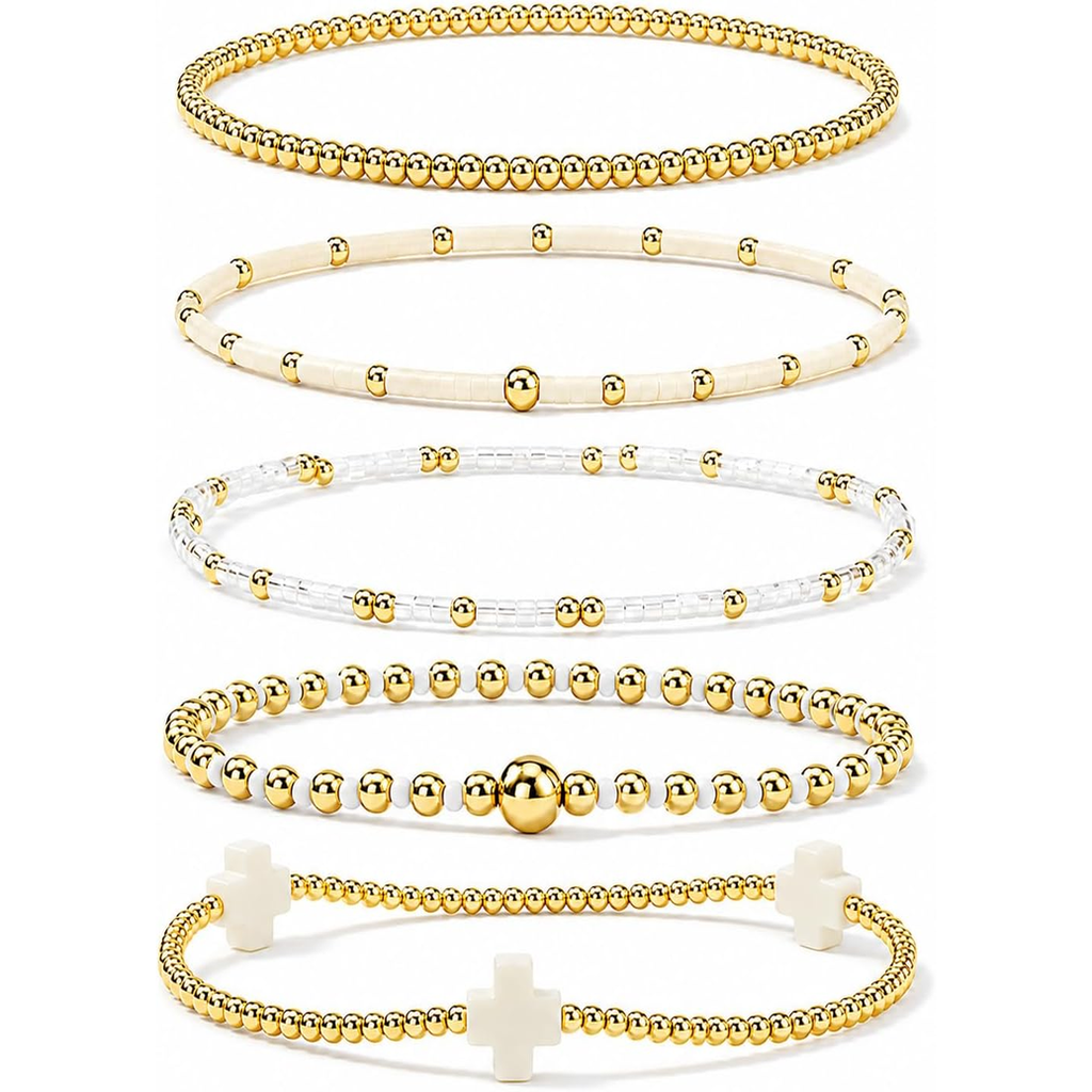 ✝ Women's Gold Beaded Cross Bracelet Stack Set Stretch Christian Faith Jewelry Gift for Women Teens