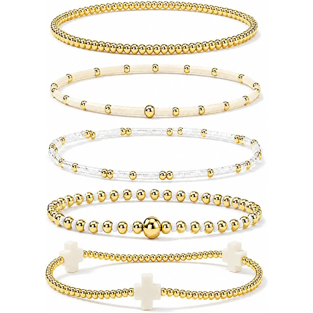 ✝ Women's Gold Beaded Cross Bracelet Stack Set Stretch Christian Faith Jewelry Gift for Women Teens