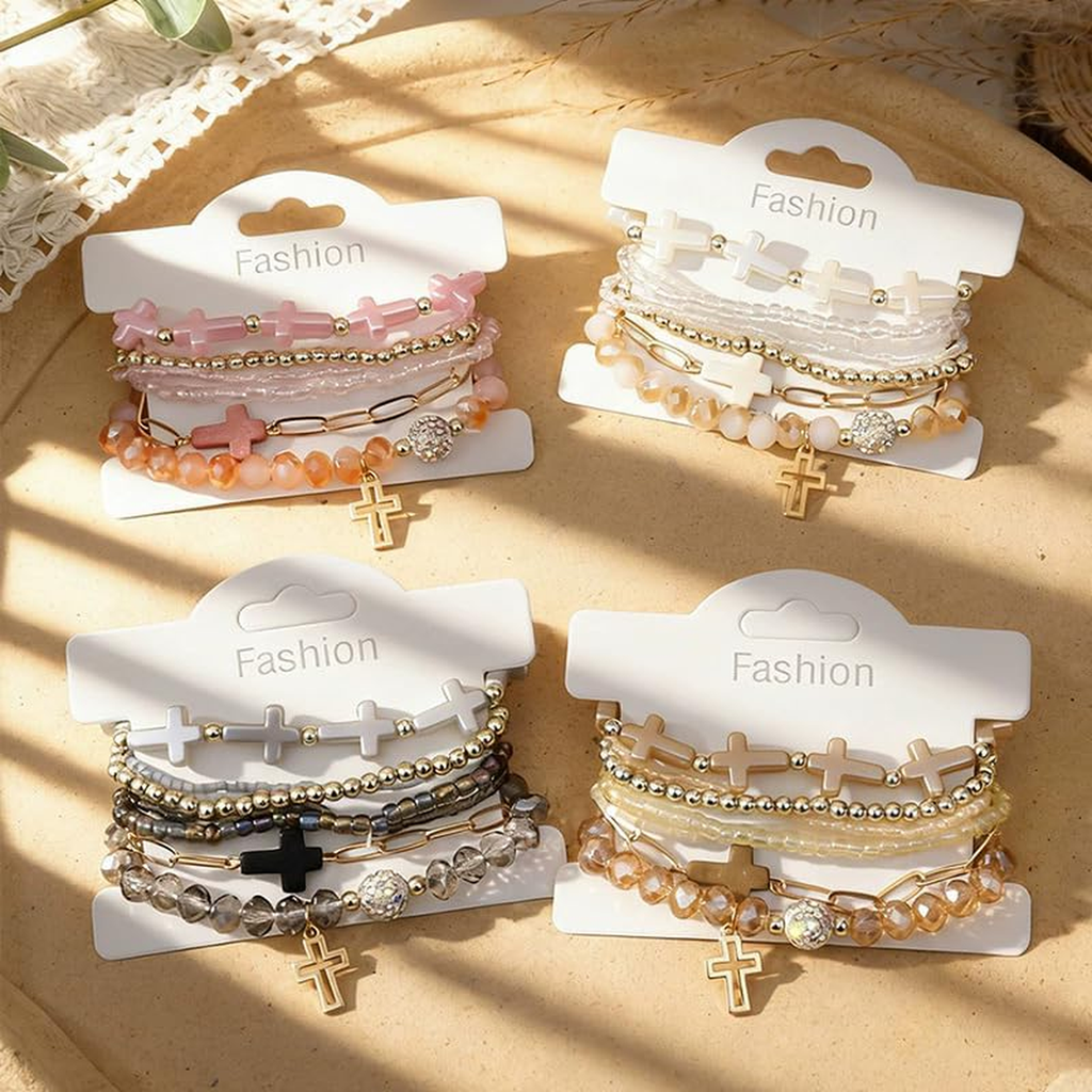 ✝ Women's Multi-colored Cross Charm Bracelet Set Stackable Beaded Christian Faith Religious Jewelry Gift Easter Celebration