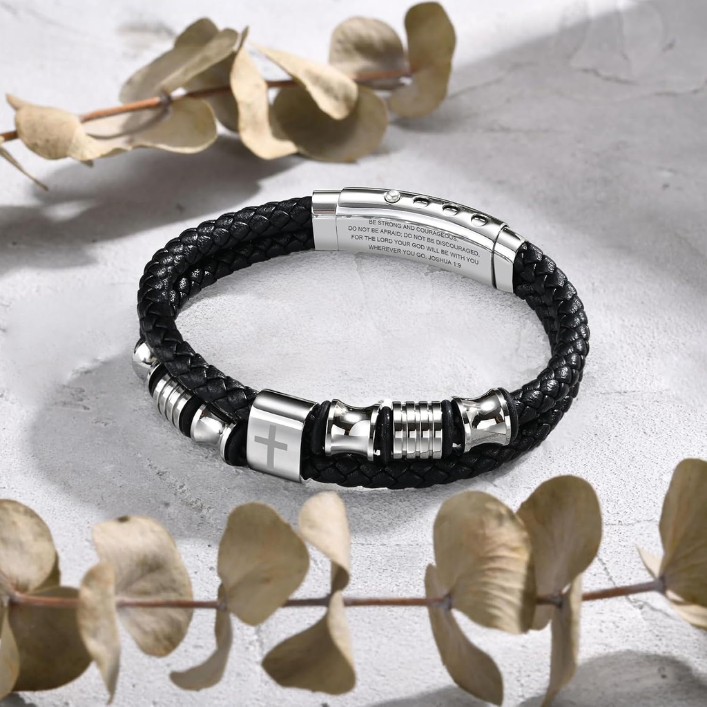 ✝ Men's Christian Silver Leather Cross Bracelet Double-Row Braided Faith Joshua 1:9 Religious Jewelry Gift