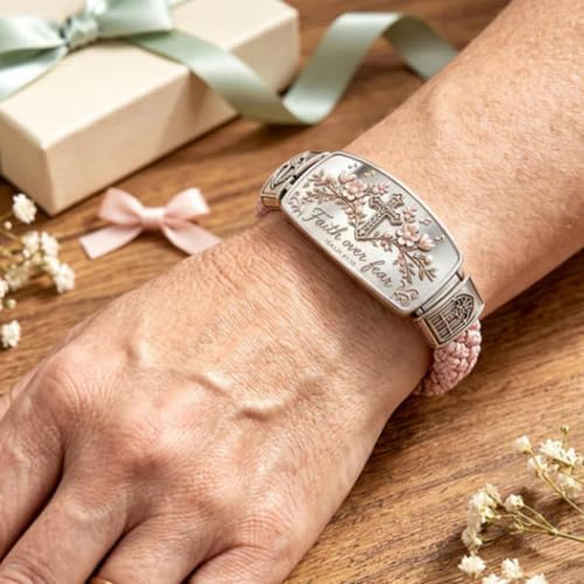 ✝ Faith Over Fear Isaiah 41:10 Cross Bracelet Cherry Blossom Christian Scripture Jewelry Inspirational Gift for Women Mom