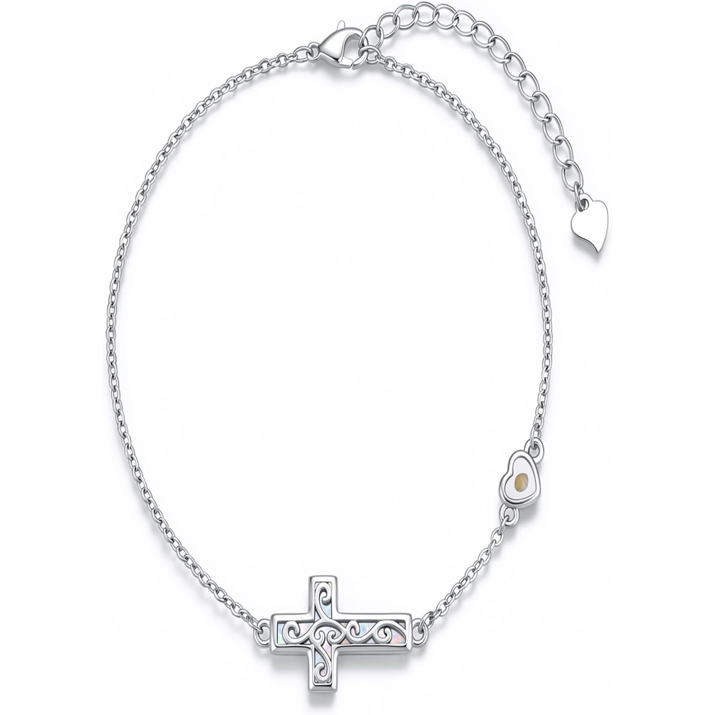 ✝ Women's Sterling Silver Cross Mustard Seed Bracelet Adjustable Christian Faith Religious Jewelry Gift for Mom Wife Sister Friend