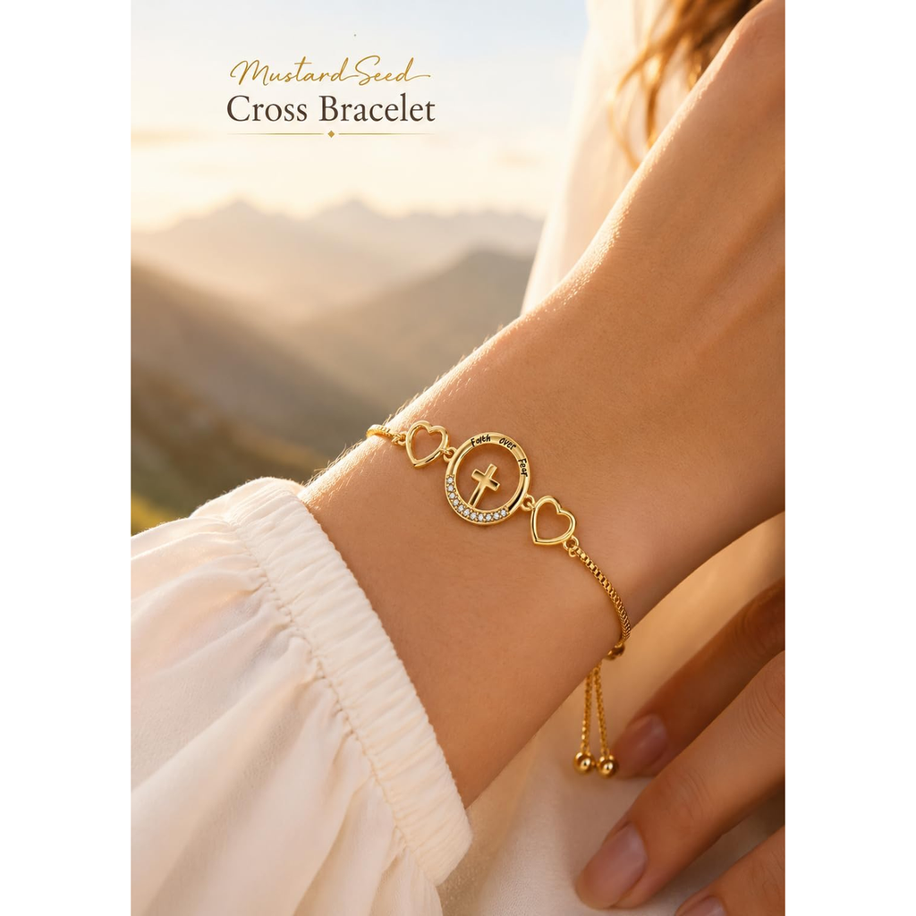 ✝ 14K Gold Mustard Seed Cross Bracelet for Women – Adjustable Faith Bracelet, Christian Religious Jewelry, Confirmation Baptism Gift for Mom Sister Friend