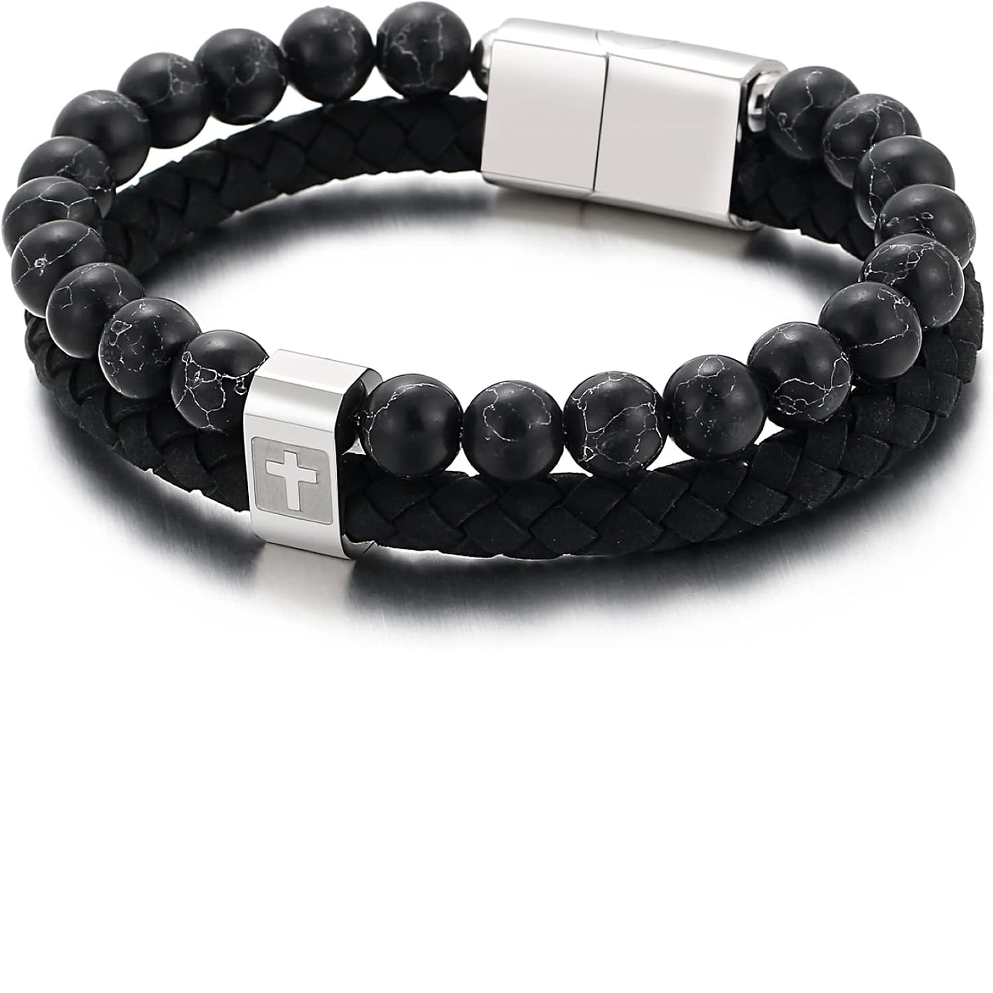 ✝ Men's Christian Cross Double Row Leather Bracelet Braided Cuff Stainless Steel Religious Faith Jewelry Gift for Dad Husband