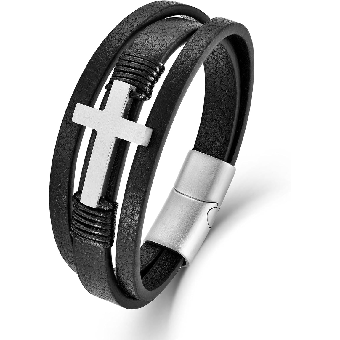✝ Men's Braided Leather Sideways Cross Bracelet 316L Stainless Steel Christian Faith Religious Jewelry Gift for Father Husband