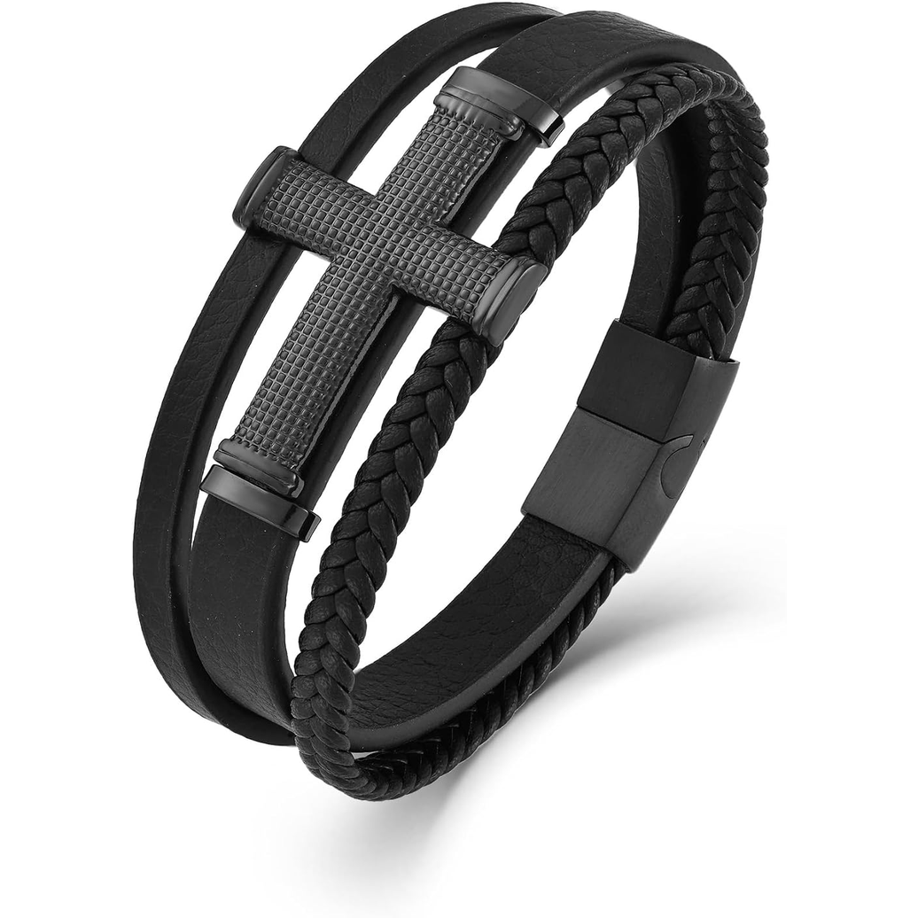 ✝ Men's Christian Cross Leather Bracelet Multi-Layer Braided Black Stainless Steel Faith Inspirational Religious Jewelry Gift for Dad