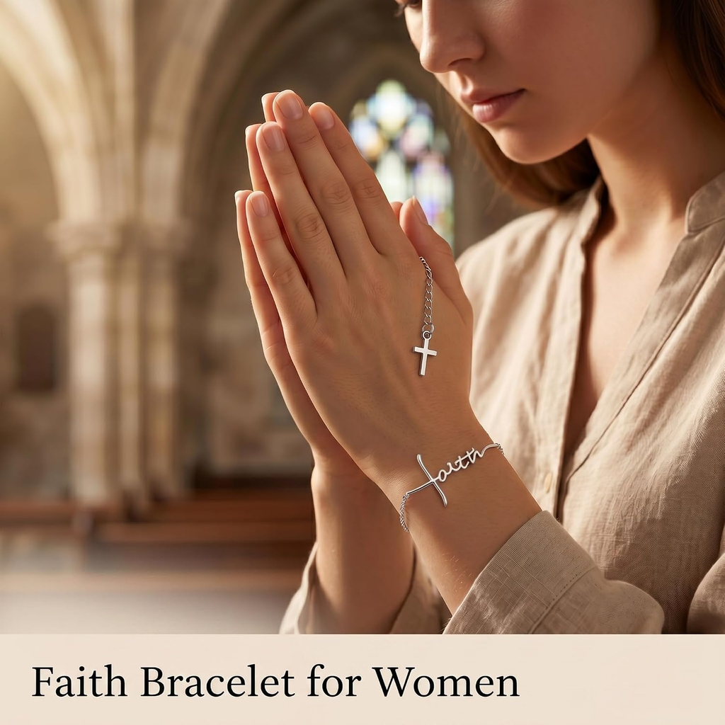 ✝ Faith Bracelet for Women – 925 Sterling Silver Cross & Heart Pendant Christian Religious Jewelry