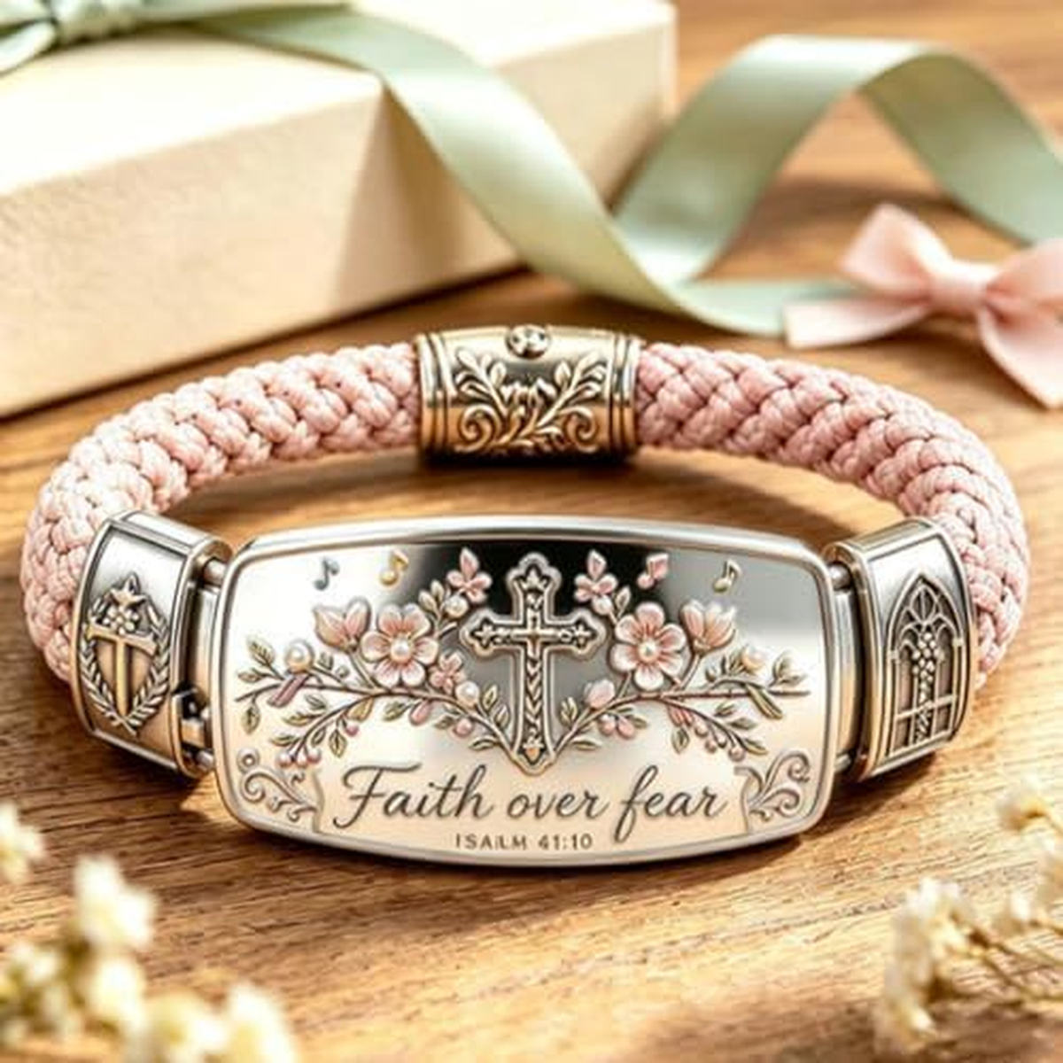 ✝ Faith Over Fear Isaiah 41:10 Cross Bracelet Cherry Blossom Christian Scripture Jewelry Inspirational Gift for Women Mom