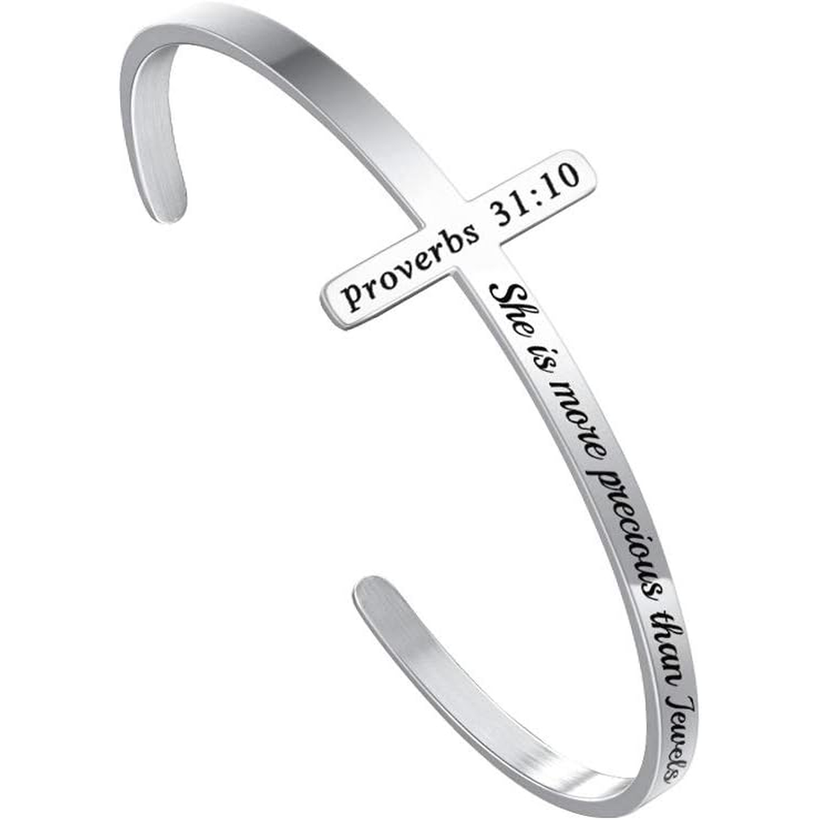 ✝ Women's Silver Cross Cuff Bracelet 316L Stainless Steel Bible Verse Christian Faith Inspirational Jewelry Gift
