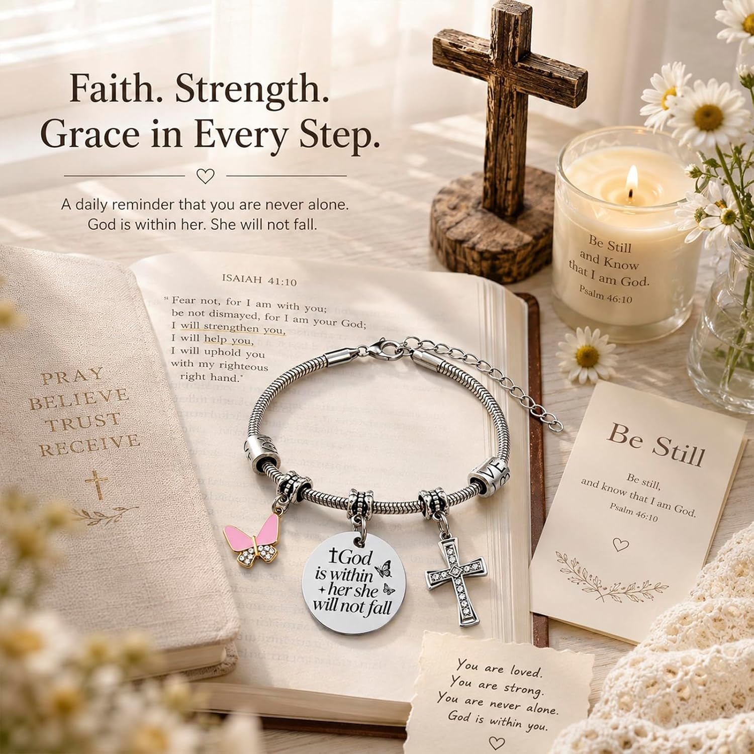 ✝ Women's God Is Within Her Bible Verse Bracelet Christian Faith Stainless Steel Religious Jewelry Gift for Baptism Graduation