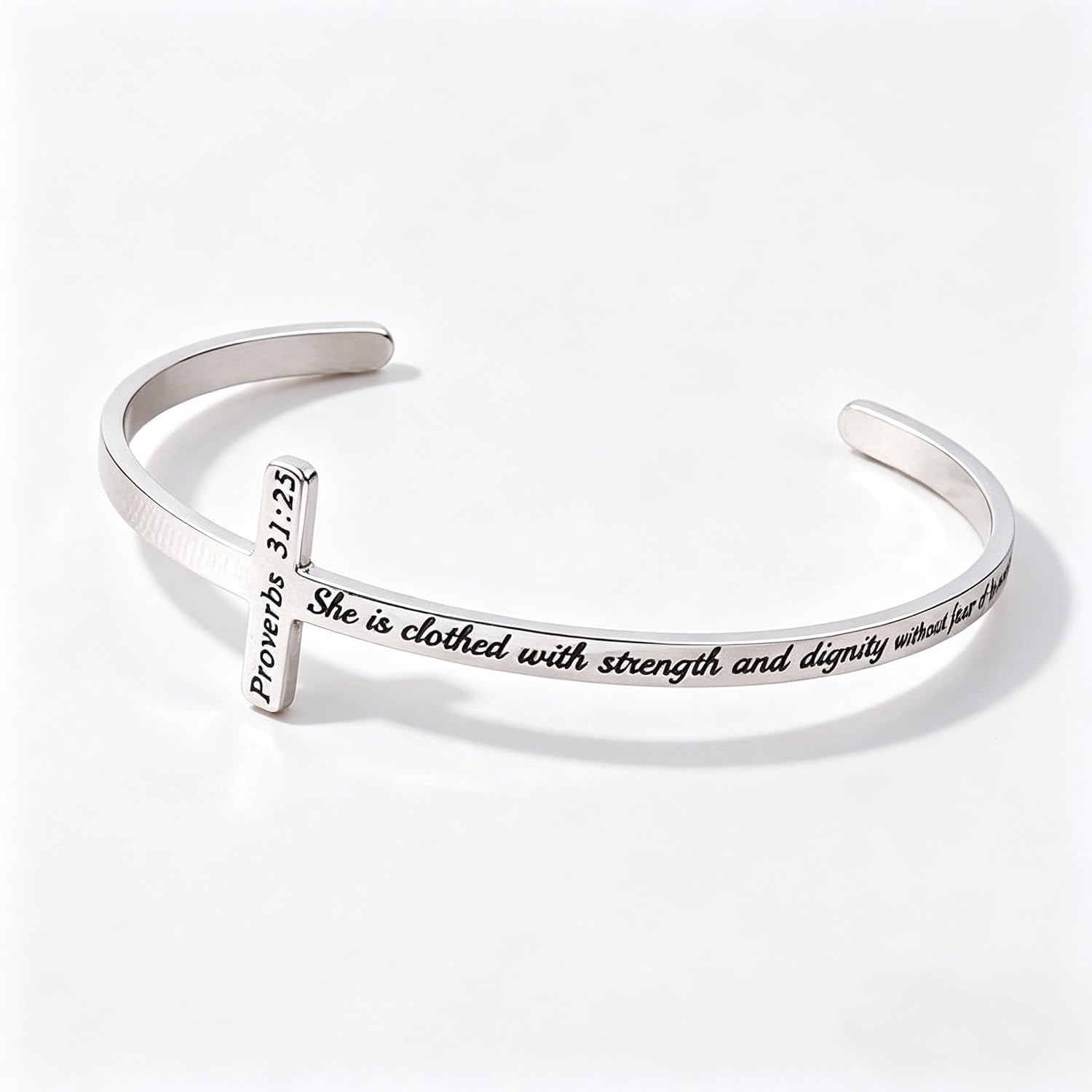 ✝ Women's Silver Cross Cuff Bracelet 316L Stainless Steel Bible Verse Christian Faith Inspirational Jewelry Gift