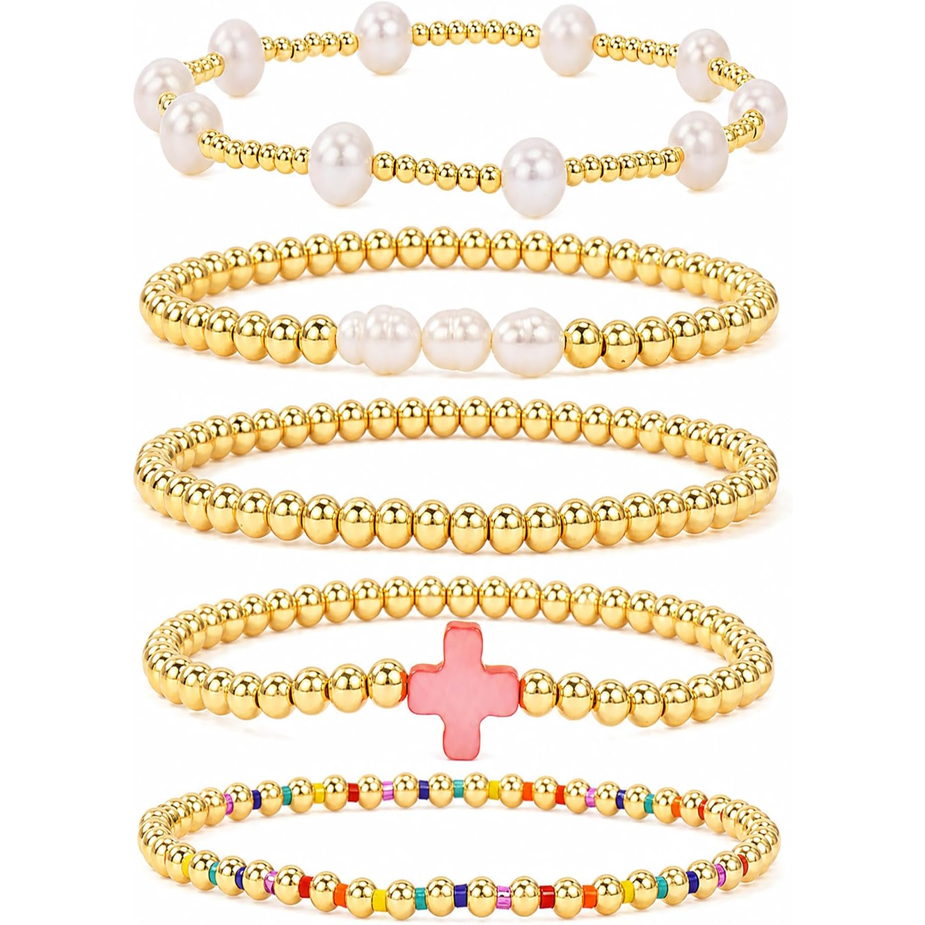 ✝ Women's Gold Beaded Cross Bracelet Stack Set Stretch Christian Faith Jewelry Gift for Women Teens