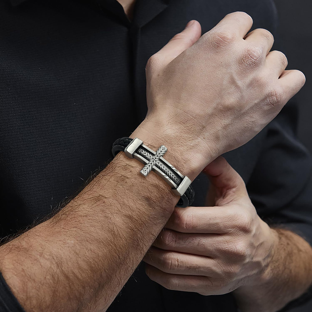 ✝ Men's Braided Leather Sideways Cross Bracelet 316L Stainless Steel Christian Faith Religious Jewelry Gift for Father Husband