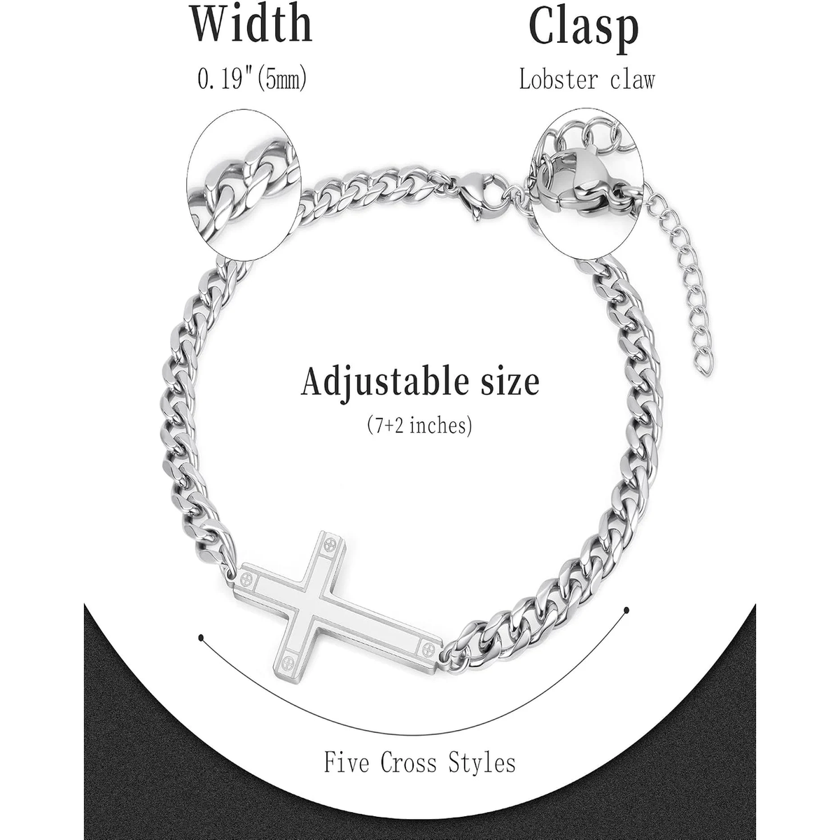 ✝ Men's Stainless Steel Cuban Cross Bracelet 5MM Adjustable Chain Christian Jesus Religious Confirmation Faith Jewelry Gift