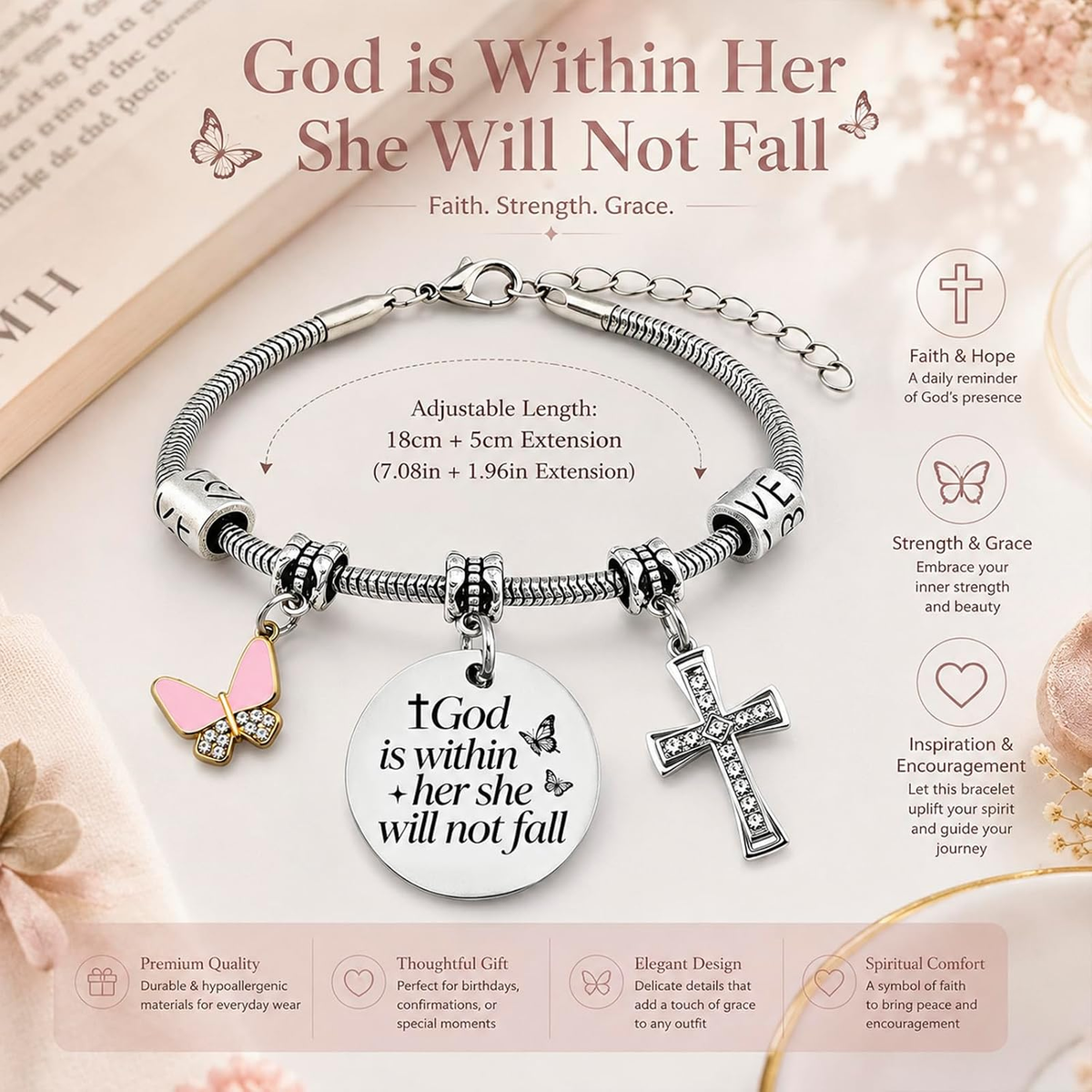 ✝ Women's God Is Within Her Bible Verse Bracelet Christian Faith Stainless Steel Religious Jewelry Gift for Baptism Graduation