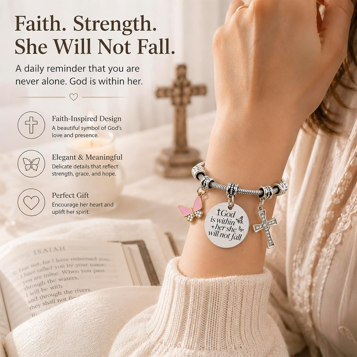 ✝ Women's God Is Within Her Bible Verse Bracelet Christian Faith Stainless Steel Religious Jewelry Gift for Baptism Graduation