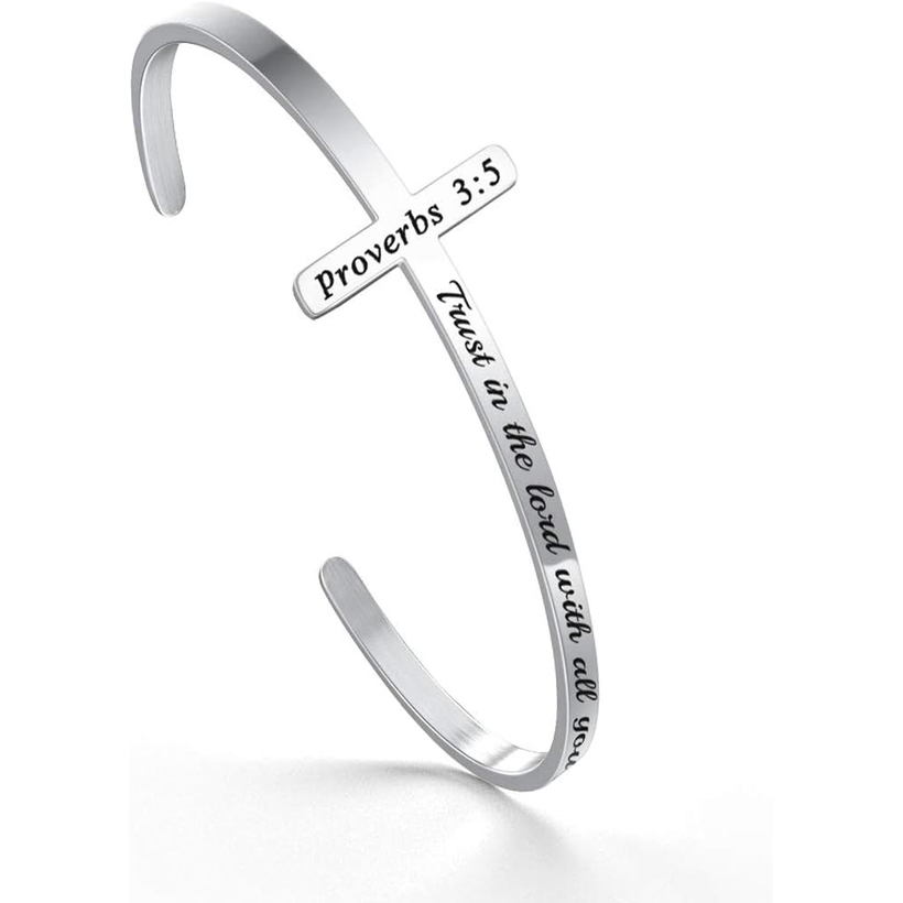 ✝ Women's Silver Cross Cuff Bracelet 316L Stainless Steel Bible Verse Christian Faith Inspirational Jewelry Gift