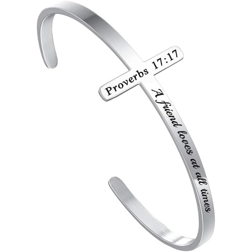 ✝ Women's Silver Cross Cuff Bracelet 316L Stainless Steel Bible Verse Christian Faith Inspirational Jewelry Gift
