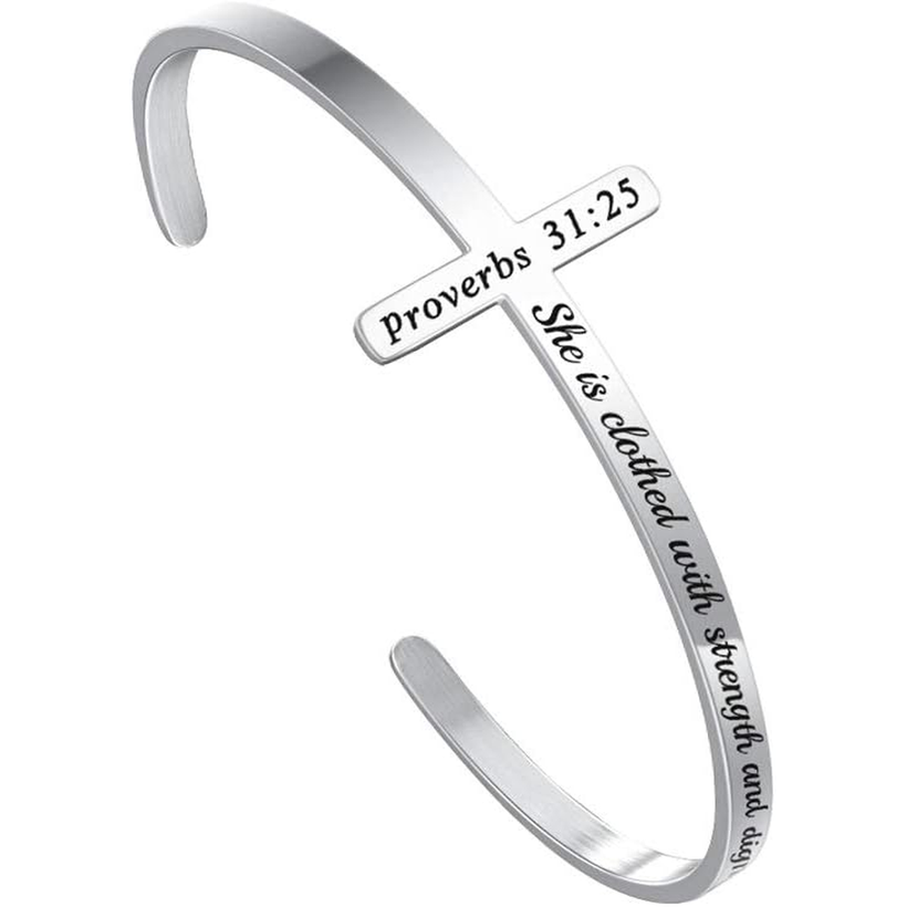 ✝ Women's Silver Cross Cuff Bracelet 316L Stainless Steel Bible Verse Christian Faith Inspirational Jewelry Gift