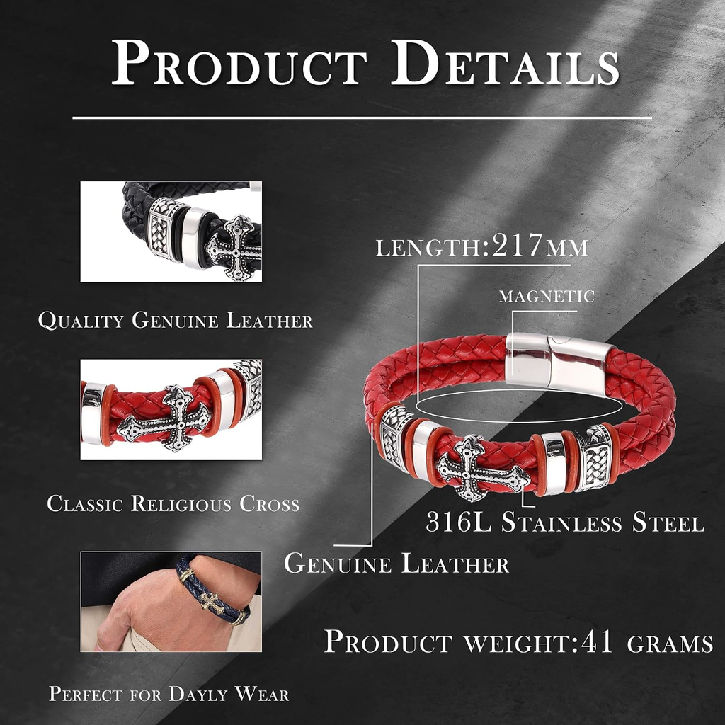 ✝ Men's Christian Cross Double Row Leather Bracelet Braided Cuff Stainless Steel Religious Faith Jewelry Gift for Dad Husband