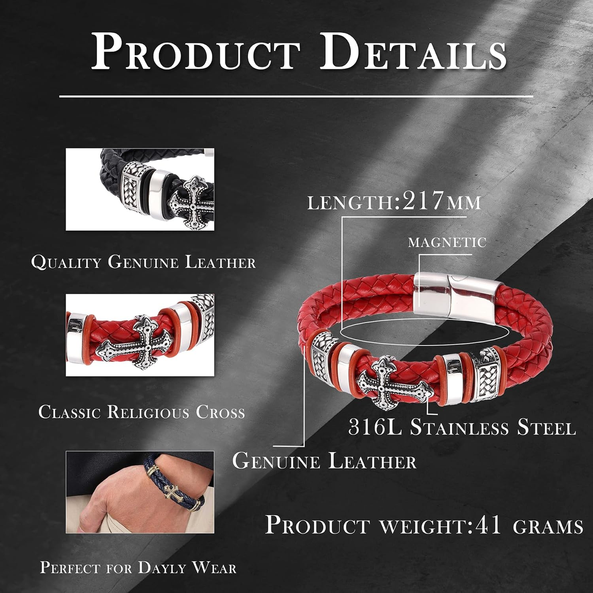 ✝ Men's Christian Cross Double Row Leather Bracelet Braided Cuff Stainless Steel Religious Faith Jewelry Gift for Dad Husband