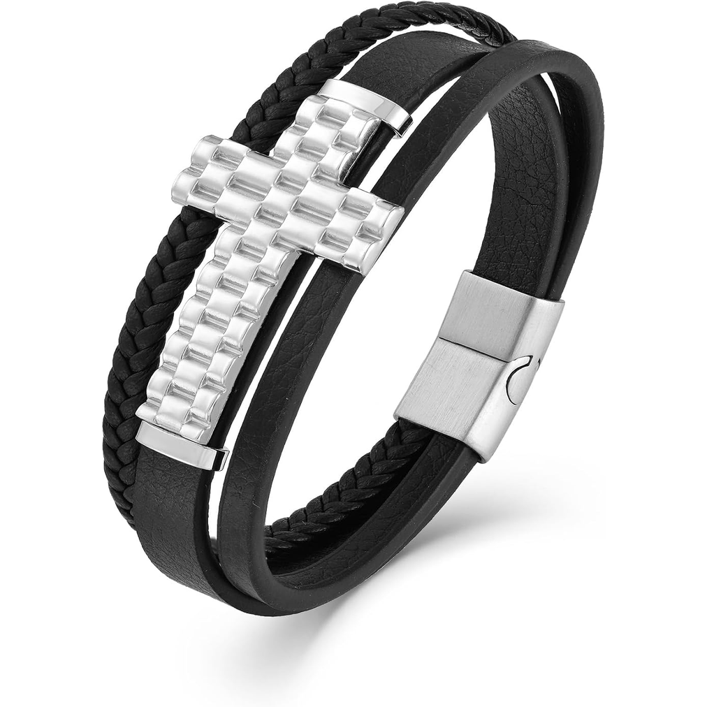 ✝ Men's Christian Cross Leather Bracelet Multi-Layer Braided Black Stainless Steel Faith Inspirational Religious Jewelry Gift for Dad