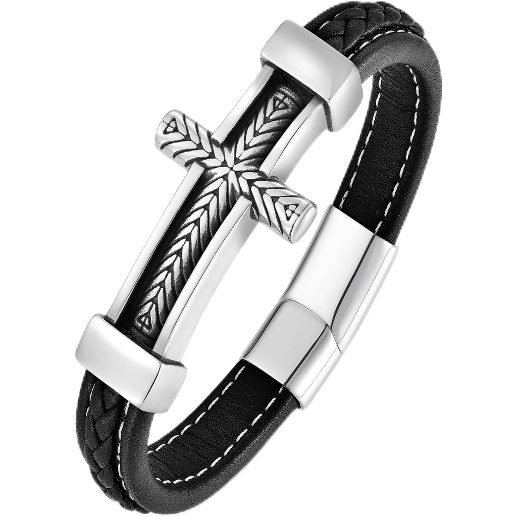 ✝ Men's Braided Leather Sideways Cross Bracelet 316L Stainless Steel Christian Faith Religious Jewelry Gift for Father Husband