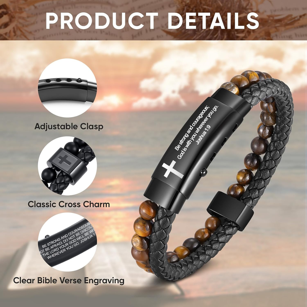 ✝ Men's Joshua 1:9 Cross Bracelet Braided Leather Tiger Eye Agate Beaded Christian Faith Jewelry Gift