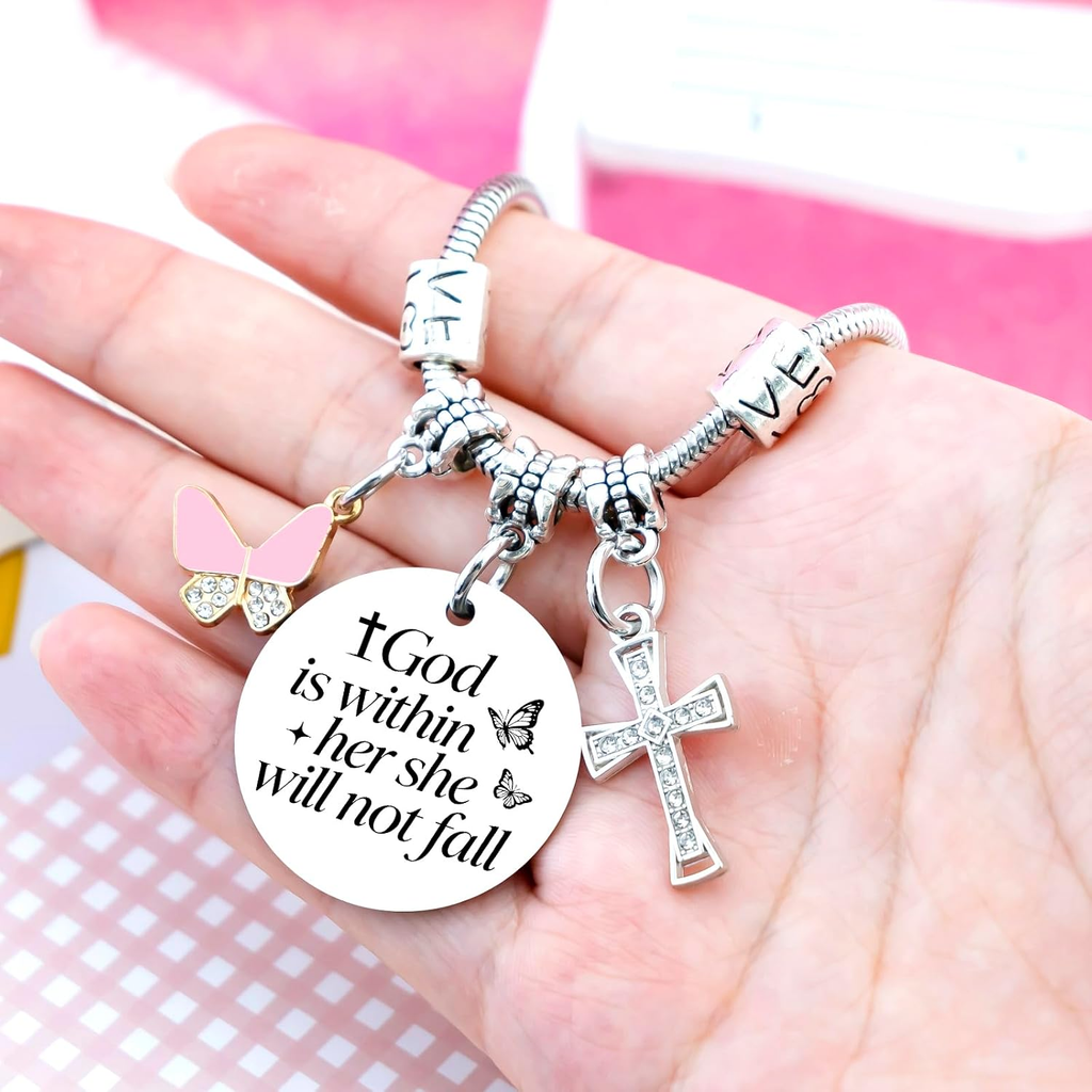 ✝ Women's God Is Within Her Bible Verse Bracelet Christian Faith Stainless Steel Religious Jewelry Gift for Baptism Graduation