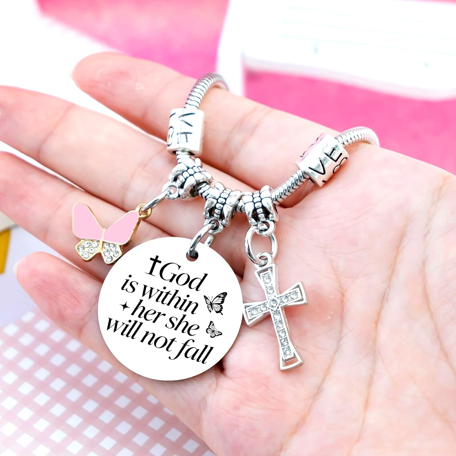 ✝ Women's God Is Within Her Bible Verse Bracelet Christian Faith Stainless Steel Religious Jewelry Gift for Baptism Graduation
