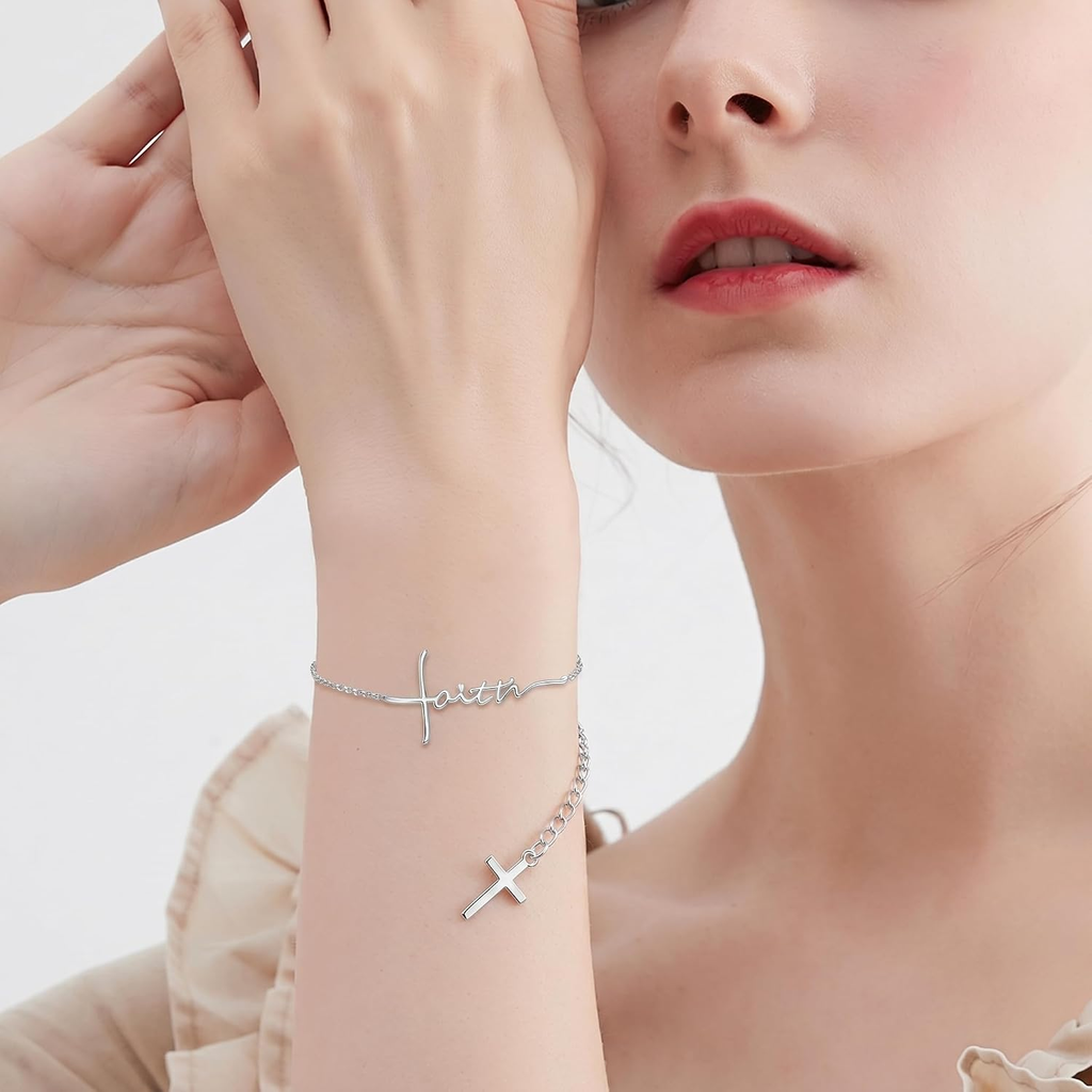 ✝ Faith Bracelet for Women – 925 Sterling Silver Cross & Heart Pendant Christian Religious Jewelry
