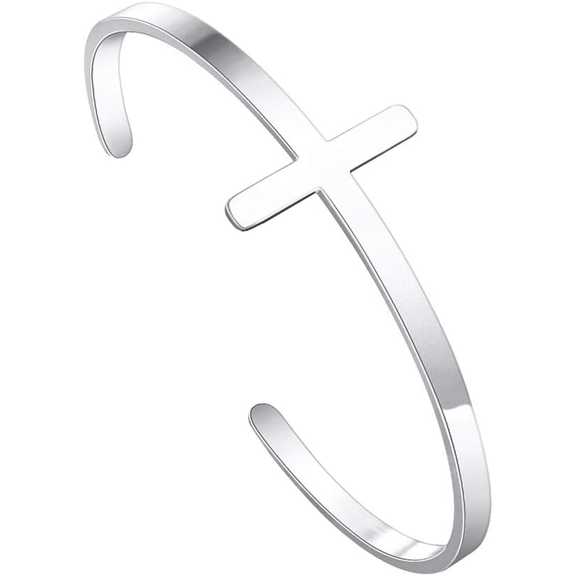 ✝ Women's Silver Cross Cuff Bracelet 316L Stainless Steel Bible Verse Christian Faith Inspirational Jewelry Gift