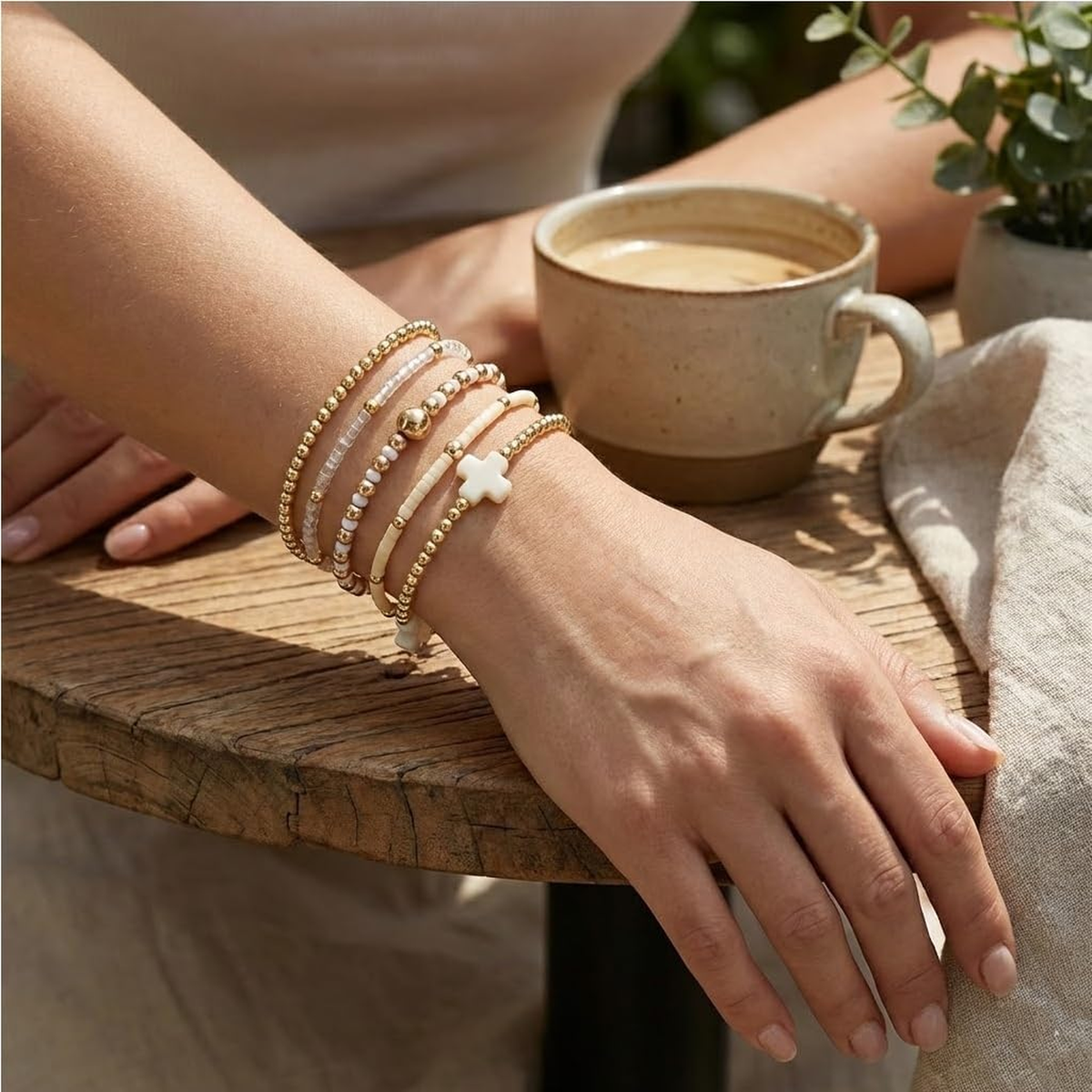✝ Women's Gold Beaded Cross Bracelet Stack Set Stretch Christian Faith Jewelry Gift for Women Teens
