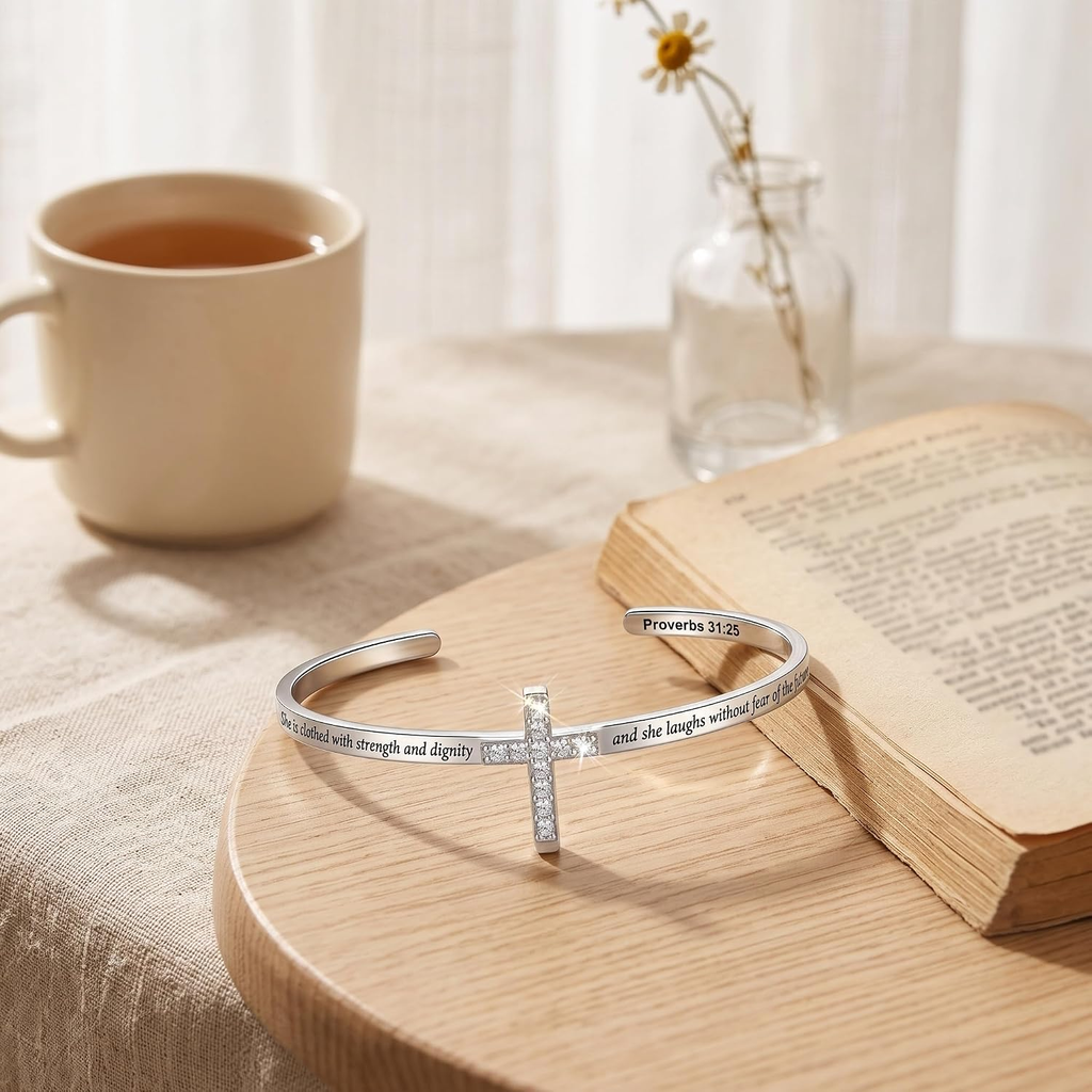 ✝ Women's Proverbs 31:25 Cross Cuff Bracelet Christian Faith Inspirational Scripture Jewelry Gift for Mom Wife Sister Daughter