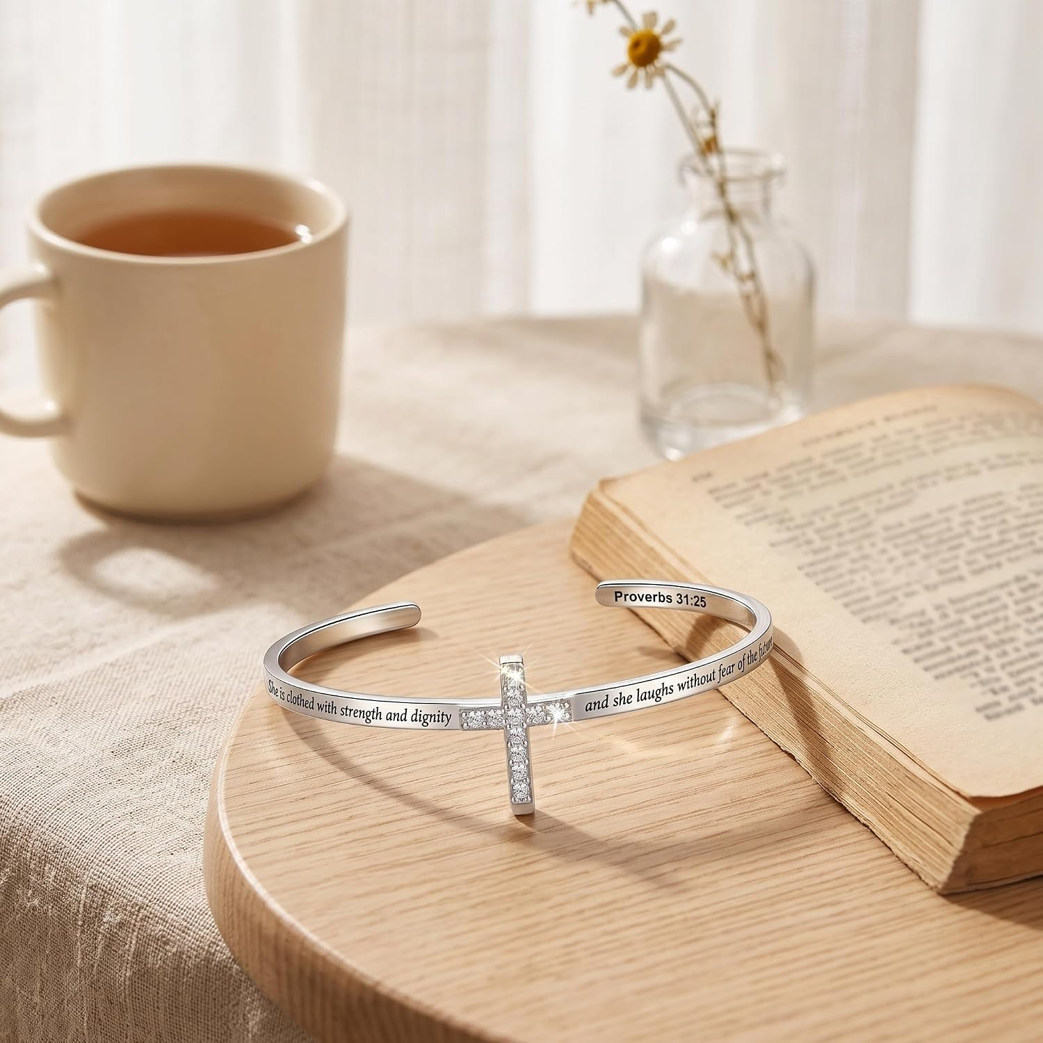 ✝ Women's Proverbs 31:25 Cross Cuff Bracelet Christian Faith Inspirational Scripture Jewelry Gift for Mom Wife Sister Daughter