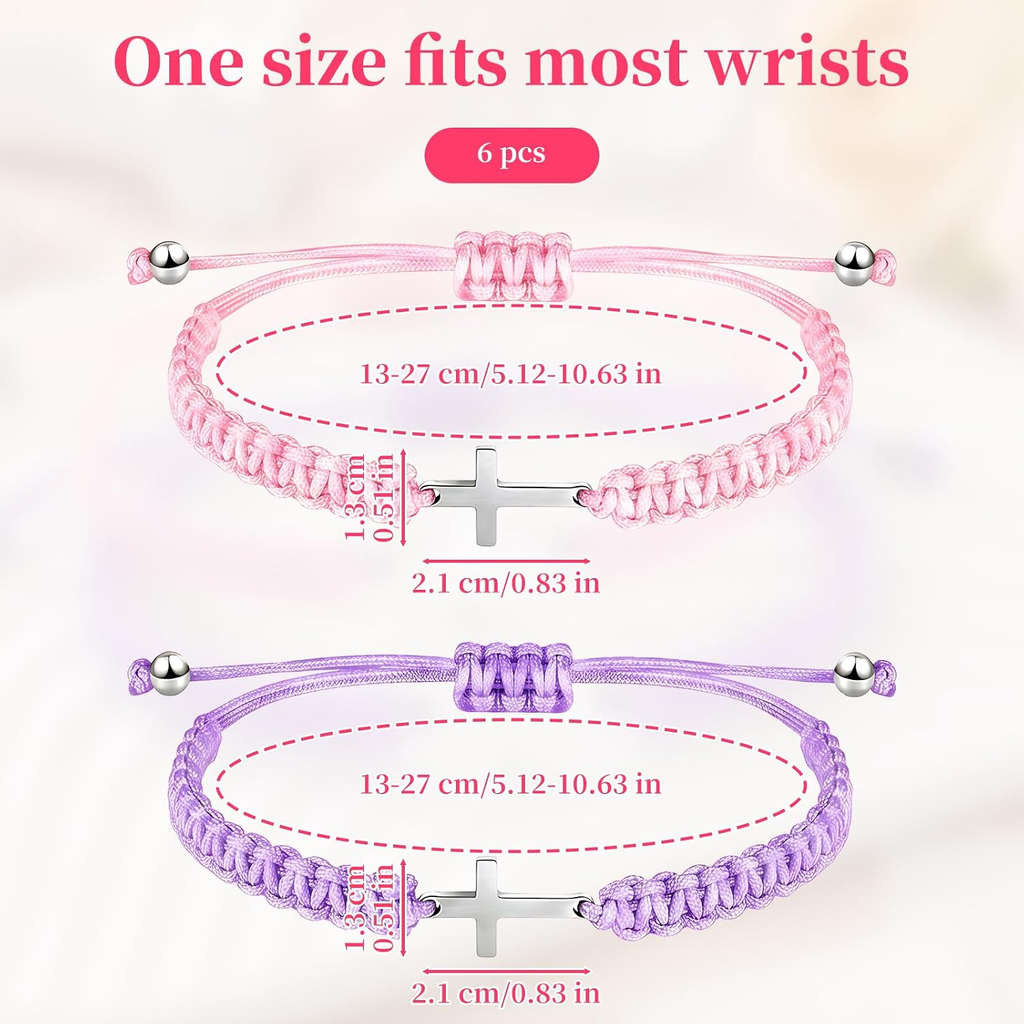 ✝ 2-Piece Christian Cross Friendship Bracelet Set Pink Purple Adjustable Braided Rope Faith Jewelry Gift for Couples Friends