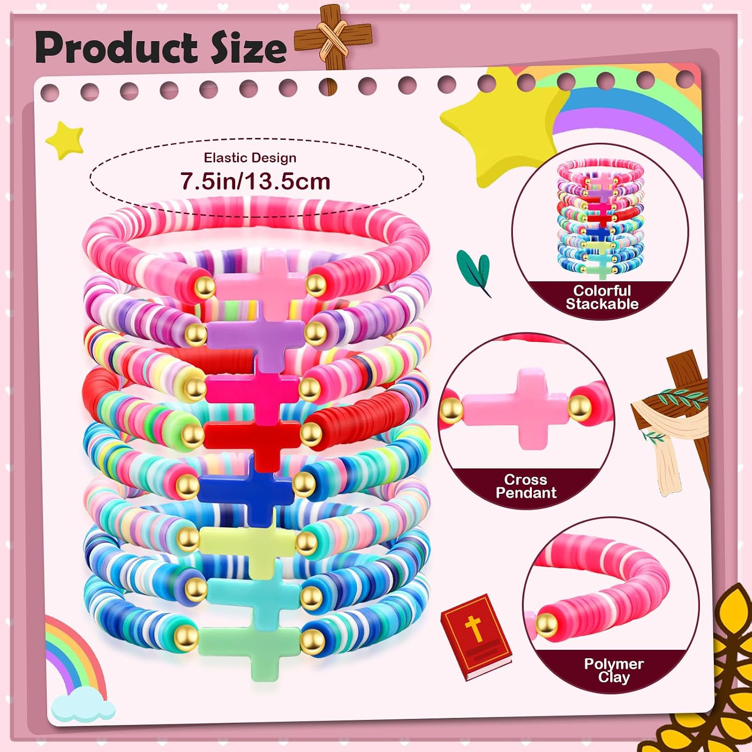 ✝ Christian Cross Beaded Stretch Bracelet Colorful Clay Beads Stackable Faith Jewelry Gift for Men Women Teens Church