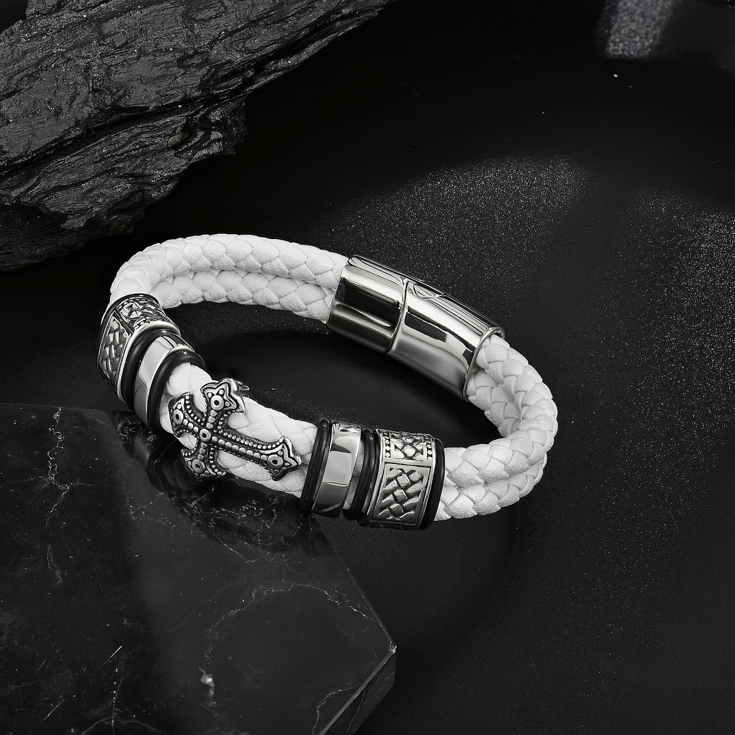 ✝ Men's Christian Cross Double Row Leather Bracelet Braided Cuff Stainless Steel Religious Faith Jewelry Gift for Dad Husband