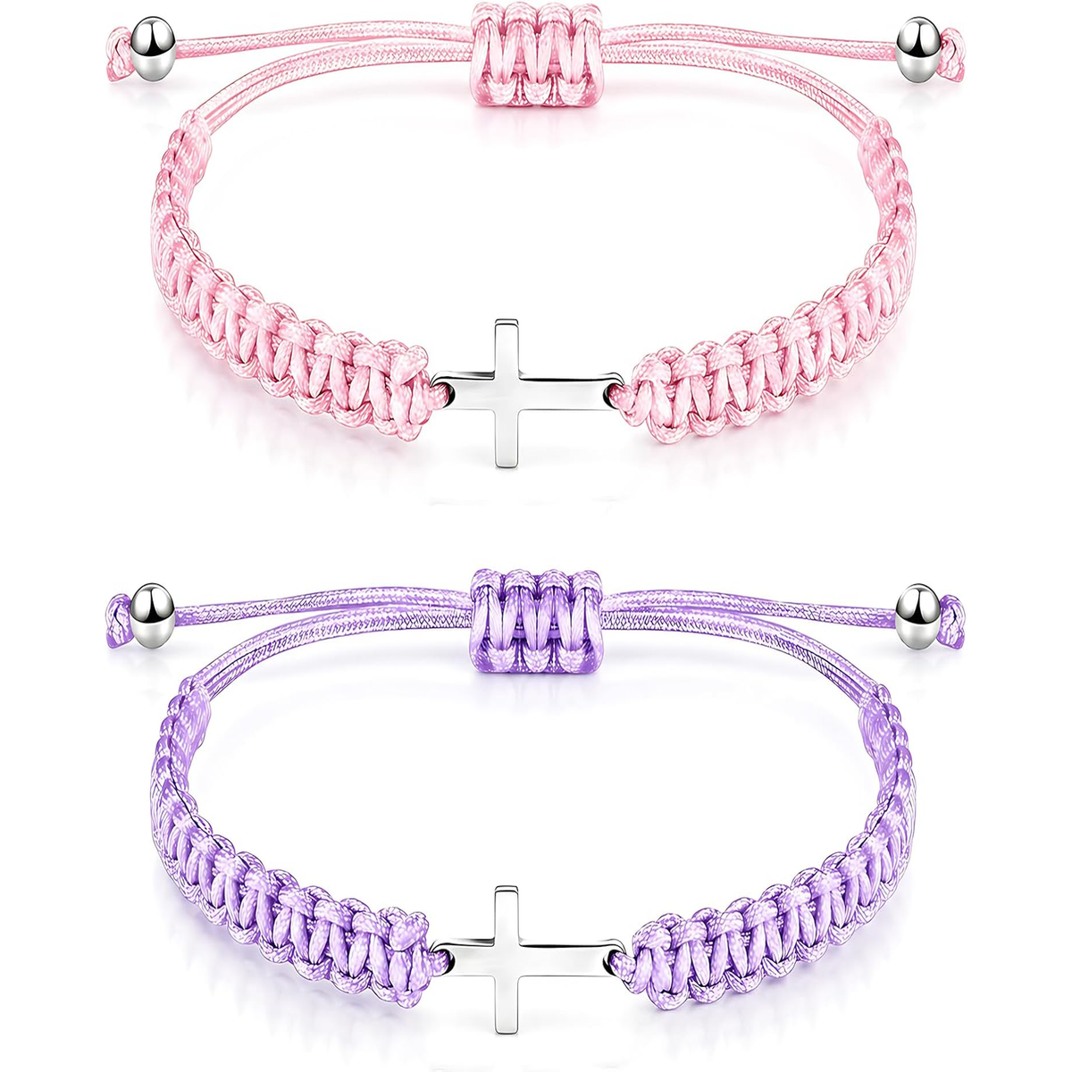 ✝ 2-Piece Christian Cross Friendship Bracelet Set Pink Purple Adjustable Braided Rope Faith Jewelry Gift for Couples Friends