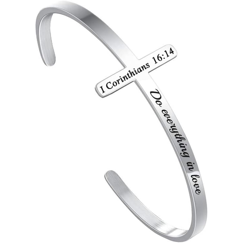 ✝ Women's Silver Cross Cuff Bracelet 316L Stainless Steel Bible Verse Christian Faith Inspirational Jewelry Gift
