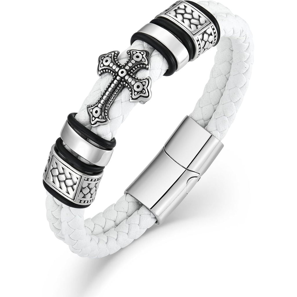 ✝ Men's Christian Cross Double Row Leather Bracelet Braided Cuff Stainless Steel Religious Faith Jewelry Gift for Dad Husband
